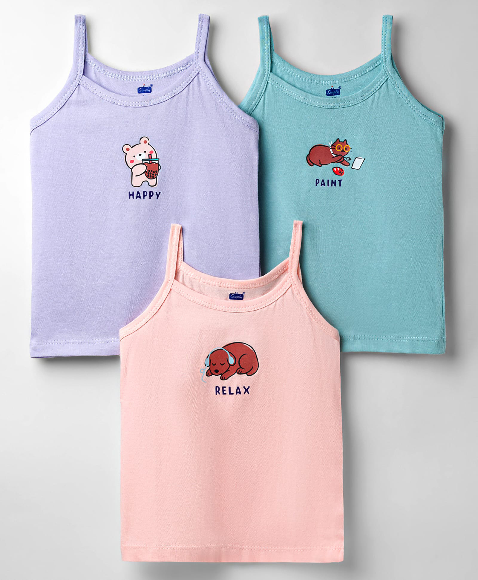 Simply Sinker Knit Sleeveless Slips with Bear & Puppy Print Pack of 3- Peach Teal & Lavender-picture-28