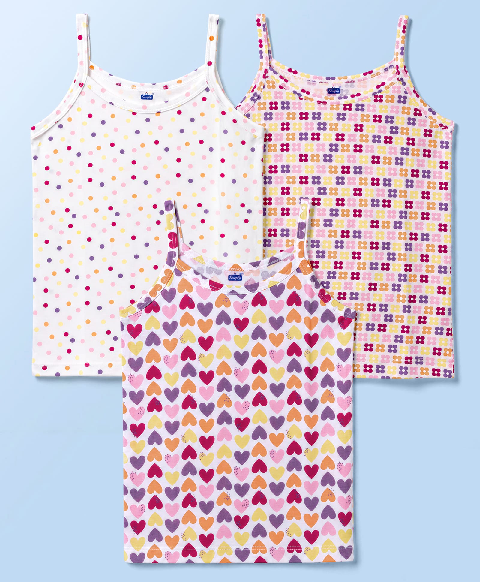 Simply Sinker Knit Sleevesless Slips With Polka Dot Floral & Heart Print Pack of 3 - White-picture-27