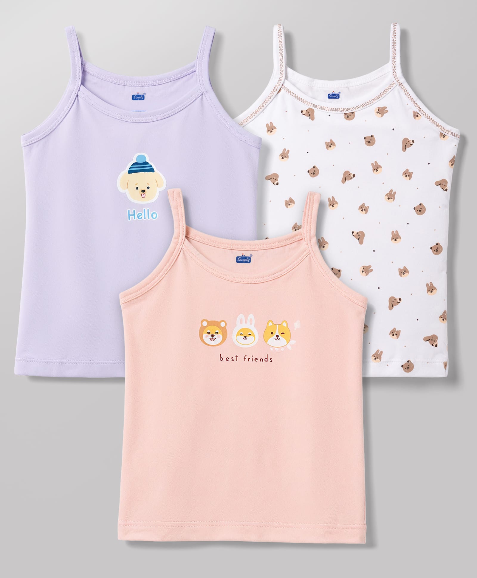 Simply Sinker Knit Sleeveless Slips with Bear & Puppy Print Pack of 3- White & Pink-picture-17