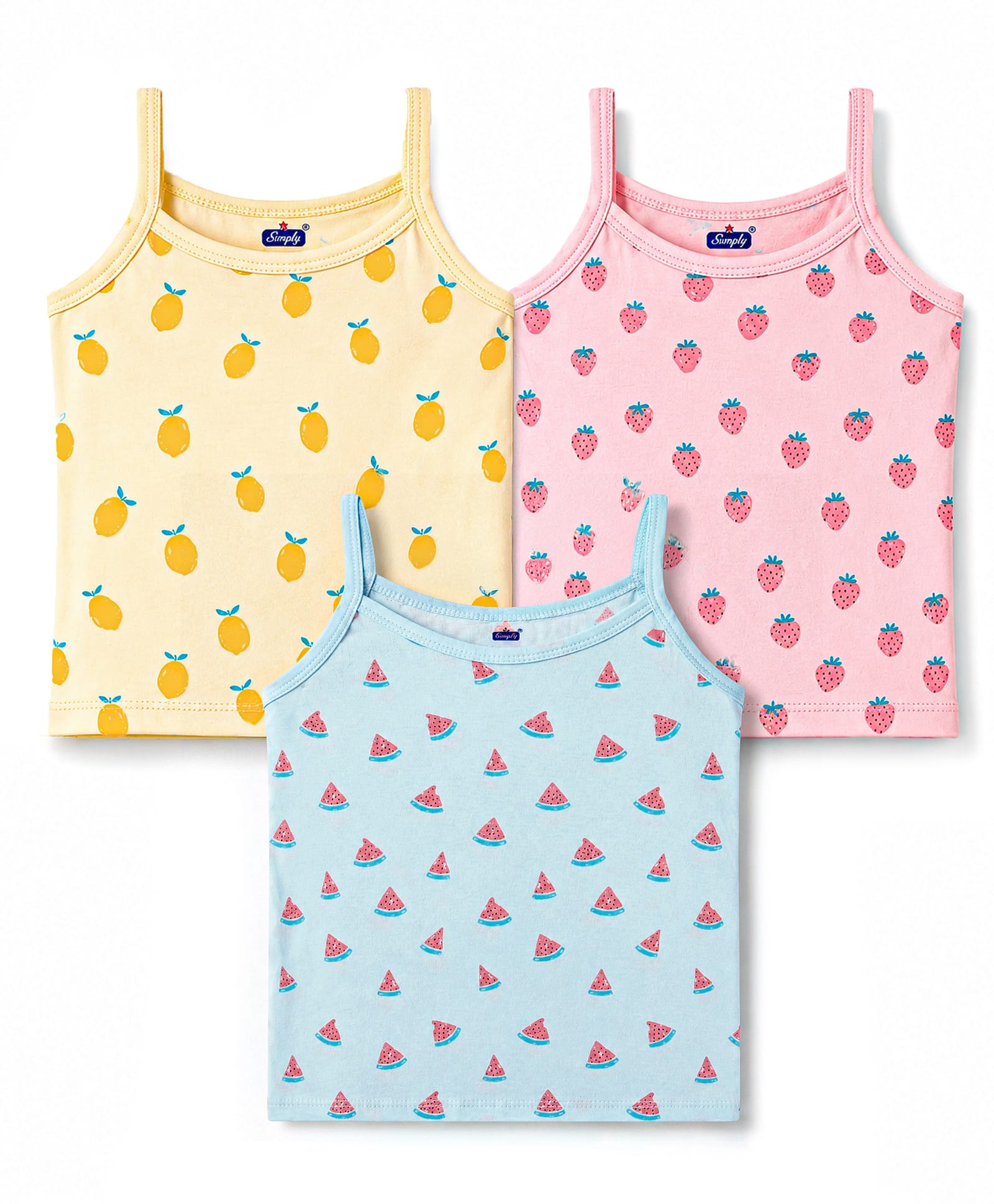 Simply Sinker Knit Sleeveless Slips with Lemon & Strawberry Print Pack of 3- Yellow Aqua & Pink-image-18