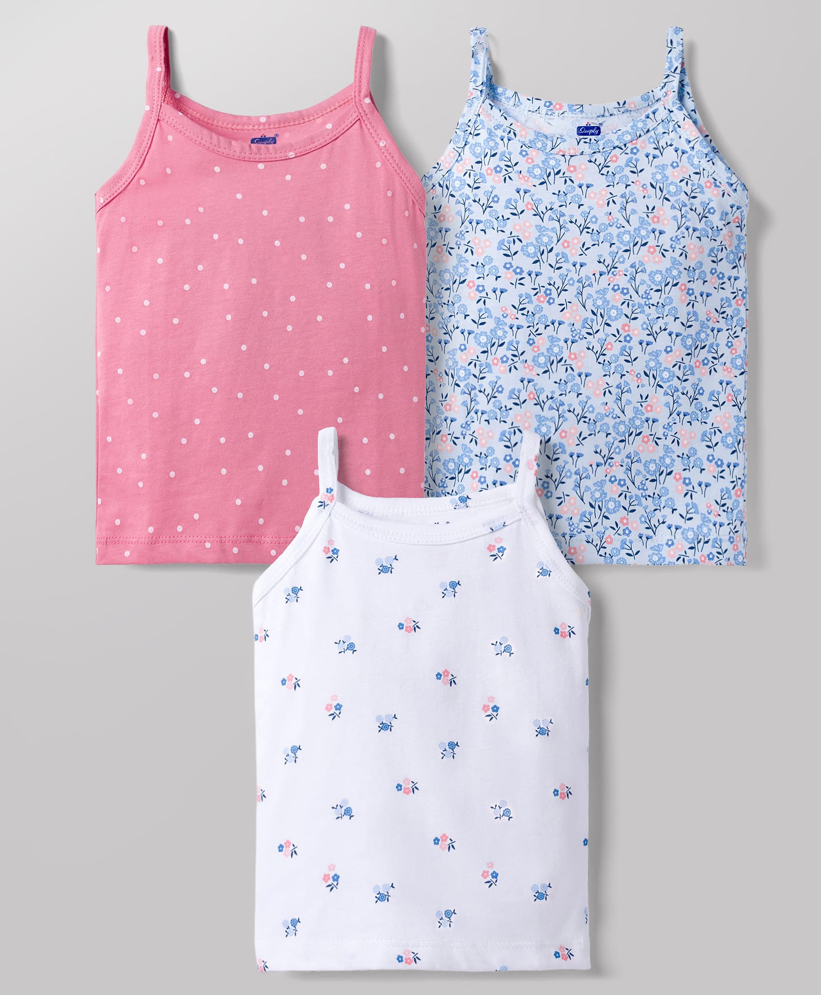 Simply Sinker Knit Sleeveless Slips with Polka Dot & Floral Print Pack of 3- White & Pink-picture-18