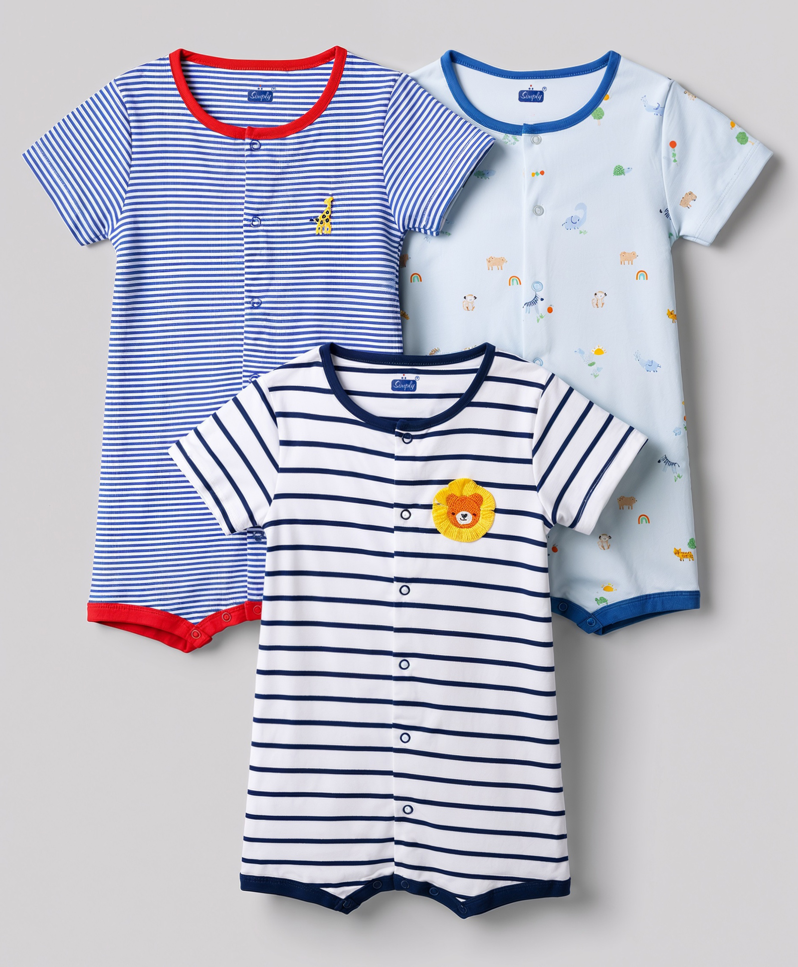 Simply Interlock Knit Half Sleeves Striped Rompers With Animal Print & Applique Pack of 3 - White-image-35