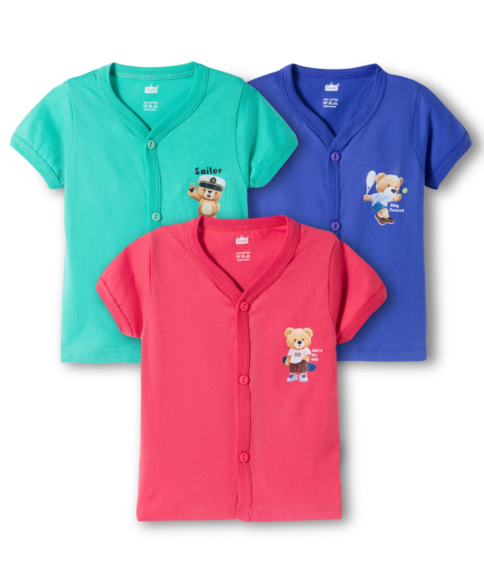 Simply Sinker Knit Half Sleeves Bear Printed Jhablas Pack of 3 - Royal Blue Turquoise & Dark Pink-image-21