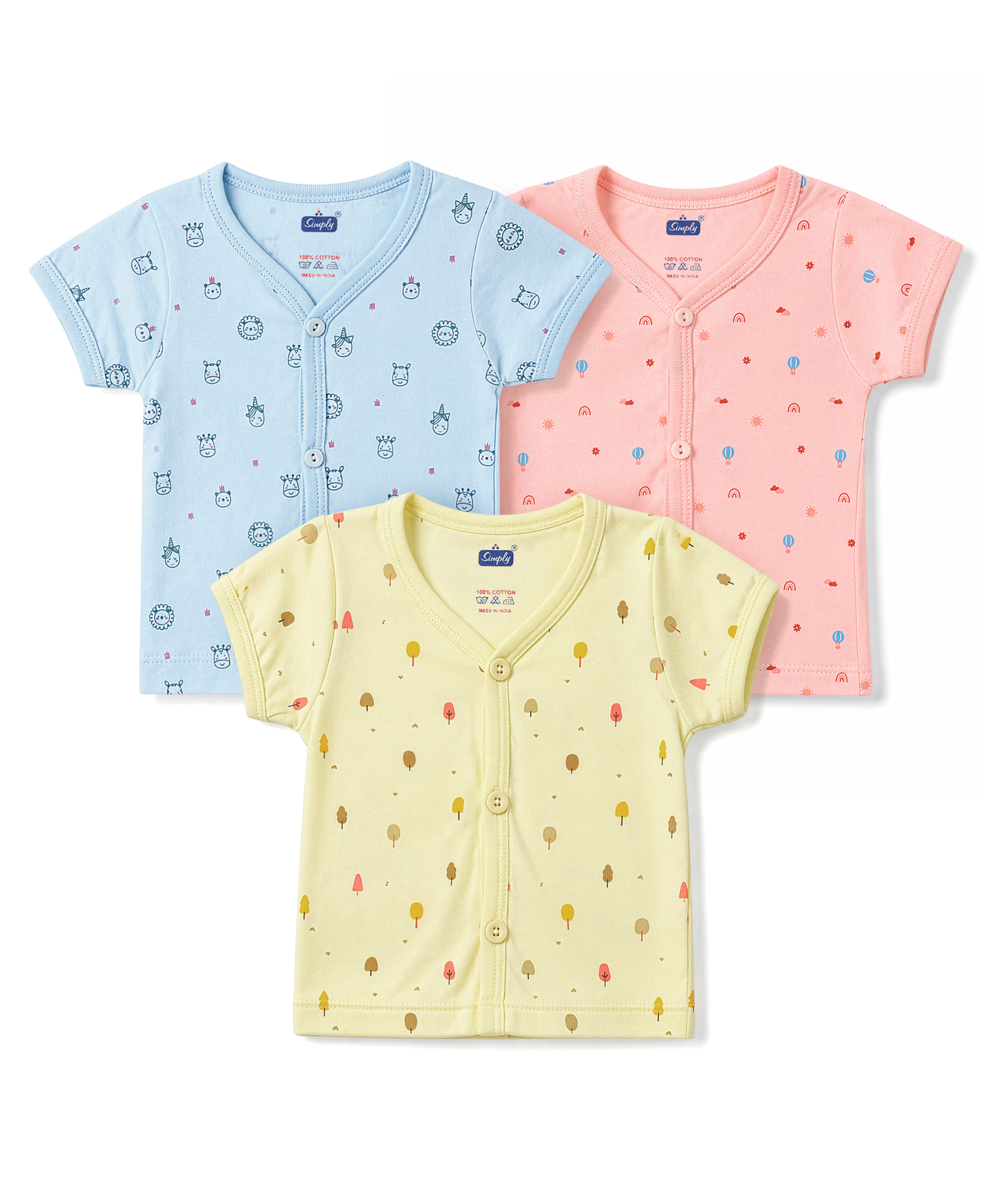 Simply Sinker Knit Half Sleeves Animal Face & Rainbow Printed Jhablas Pack of 3 - Lemon Blue & Pink-picture-28