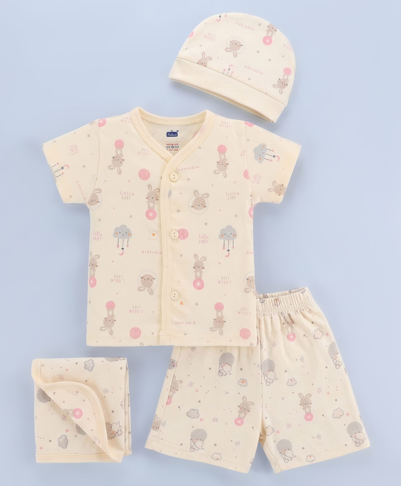 Simply Sinker Knit Half Sleeves Co-ord T-Shirt & Shorts Night Suit with Bunny Print Cap & Wash Cloth - Beige-image-37