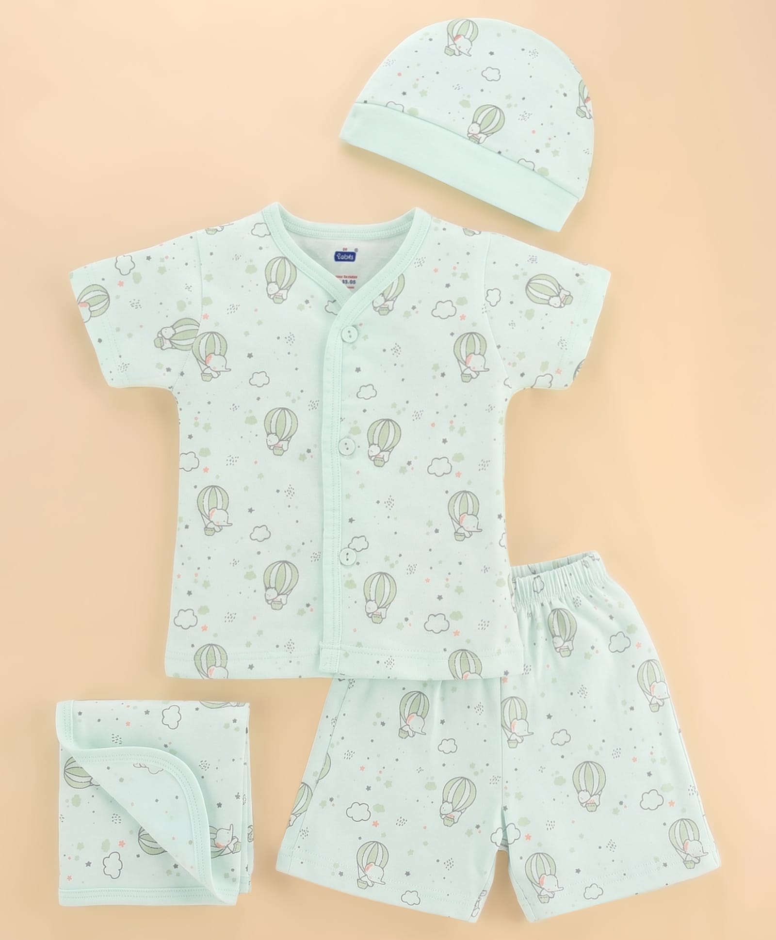 Simply Sinker Knit Half Sleeves Co-ord T-Shirt & Shorts Night Suit with Elephant Print Cap & Wash Cloth - Mint-picture-37
