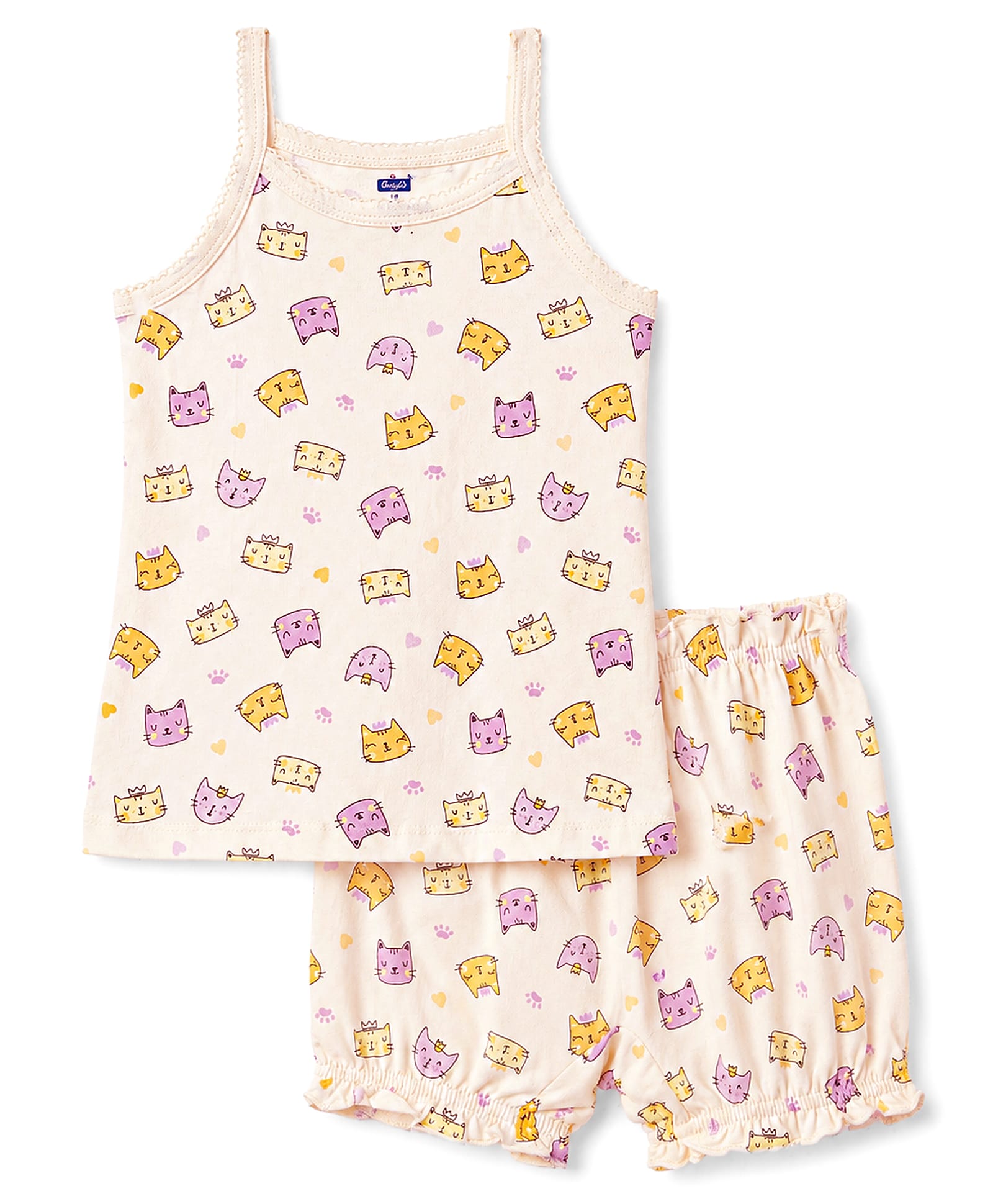 Simply Sinker Knit Sleeveless Kitten Face Printed Slips & Shorts Inner Wear Set - Cream-image-37