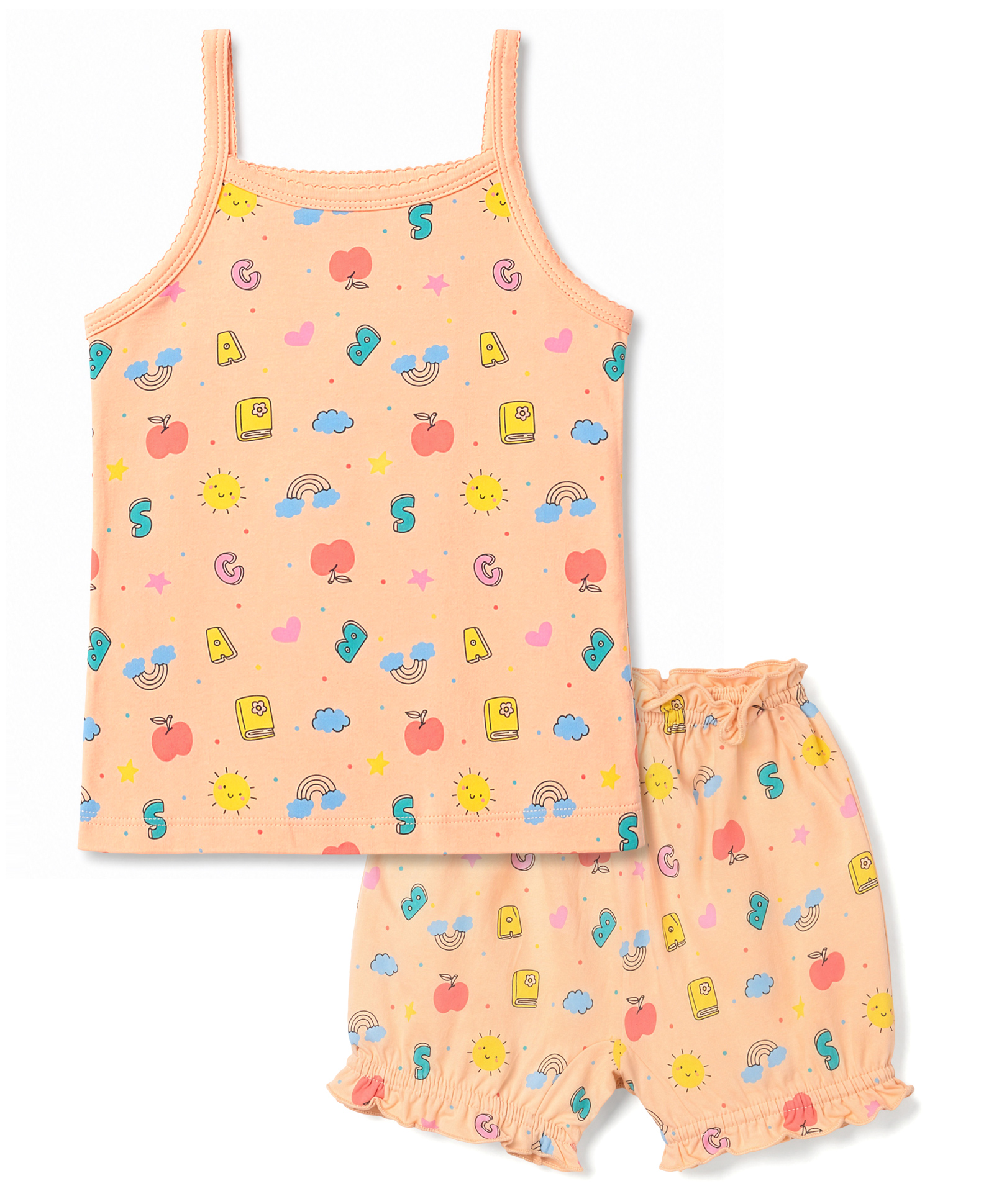 Simply Sinker Knit Sleeveless Rainbow Printed Slips & Shorts Inner Wear Set - Peach-image-23