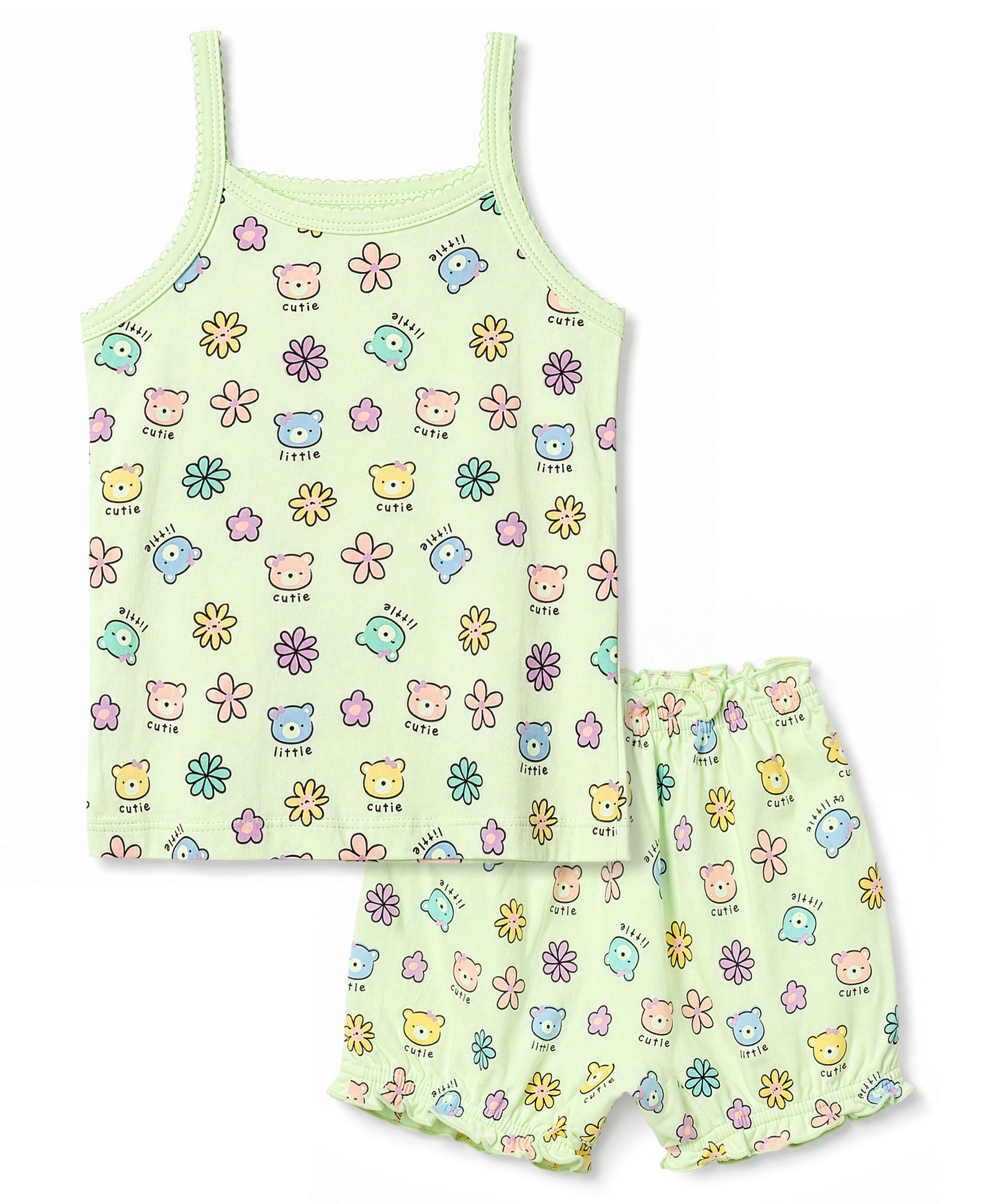 Simply Sinker Knit Sleeveless Bear Face Printed Slips & Shorts Inner Wear Set - Light Green-image-35