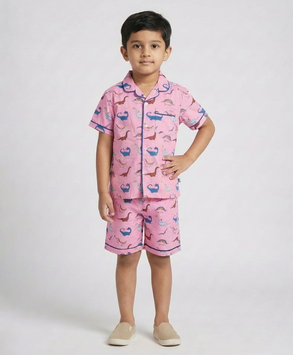 Biglilpeople Cotton Woven Half Sleeves Dinosaur Printed Coordinating Shirt & Shorts Night Suit - Pink-image-15