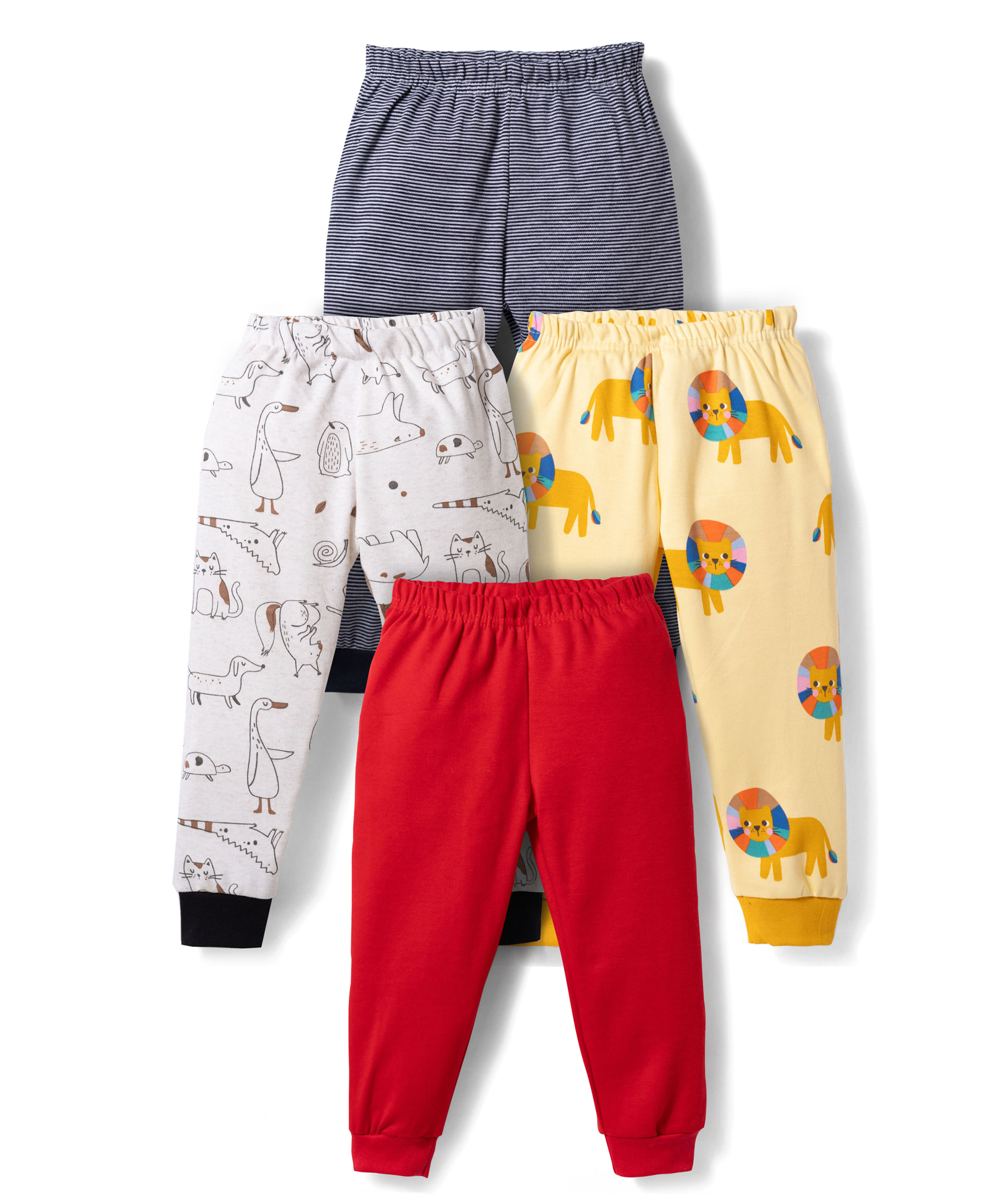 Junior Star Pack Of 4 Solid Striped & Animal & Birds Printed Pajamas - Multi Colour-picture-13