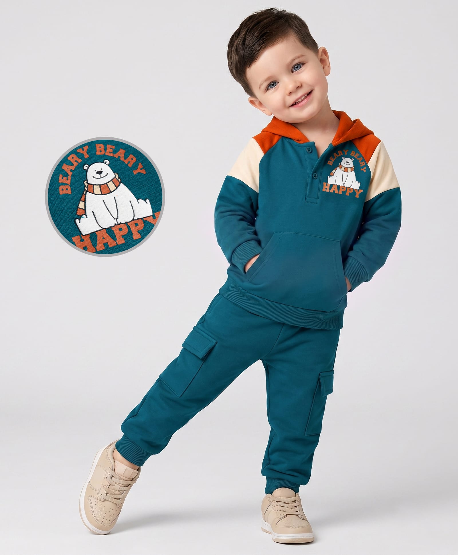 Babyoye Knit 100% Cotton 3 Thread Heavy Guage Terry 280 GSM Beary Deary Print Full Sleeves Winter Wear Suits - Cream & Orange-picture-44