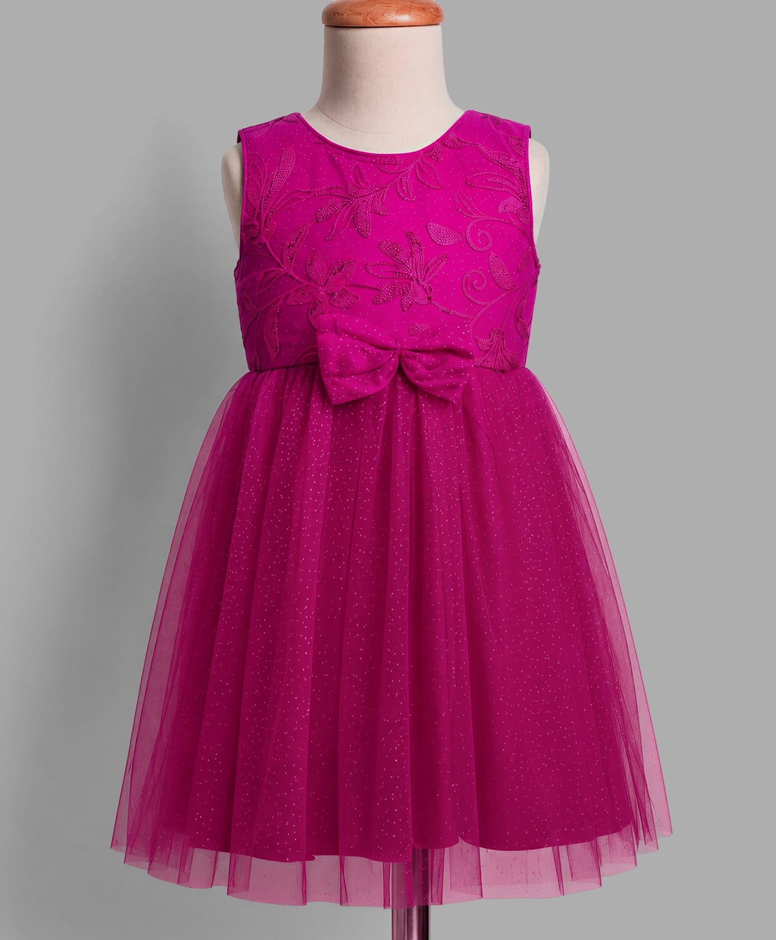 Kookie Kids Woven Sleeveless Floral Embroidered Party Dress With Bow Applique - Dark Pink-image-10