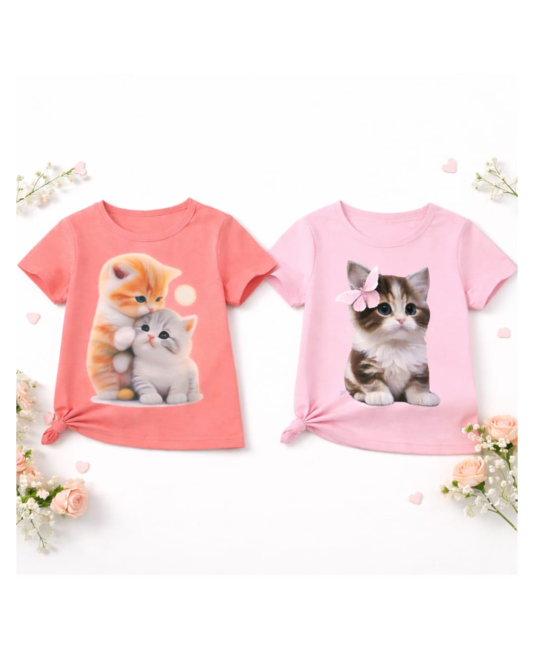Luke and Lilly Cotton Blend Knit Pack Of 2 Half Sleeves Cats Printed Tees - Peach & Pink-picture-13