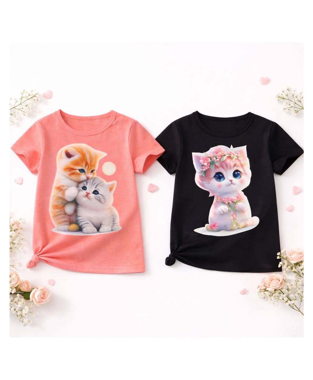 Luke and Lilly Cotton Blend Knit Pack Of 2 Half Sleeves Cats Printed Tees - Peach & Black-picture-10