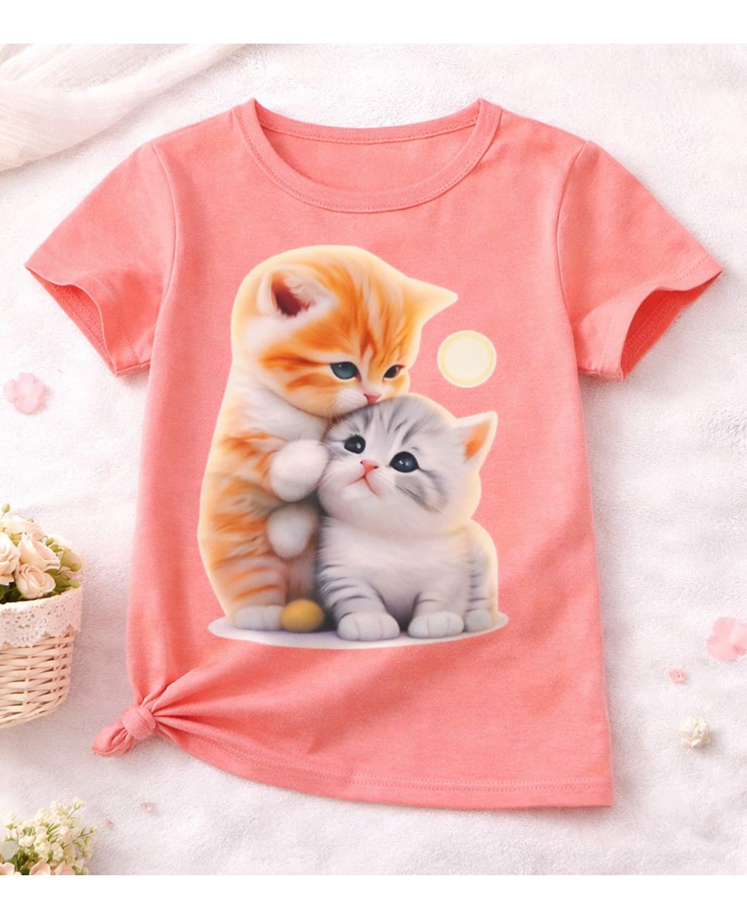 Luke and Lilly Cotton Blend Knit Half Sleeves Cat Printed Tee - Coral-picture-20