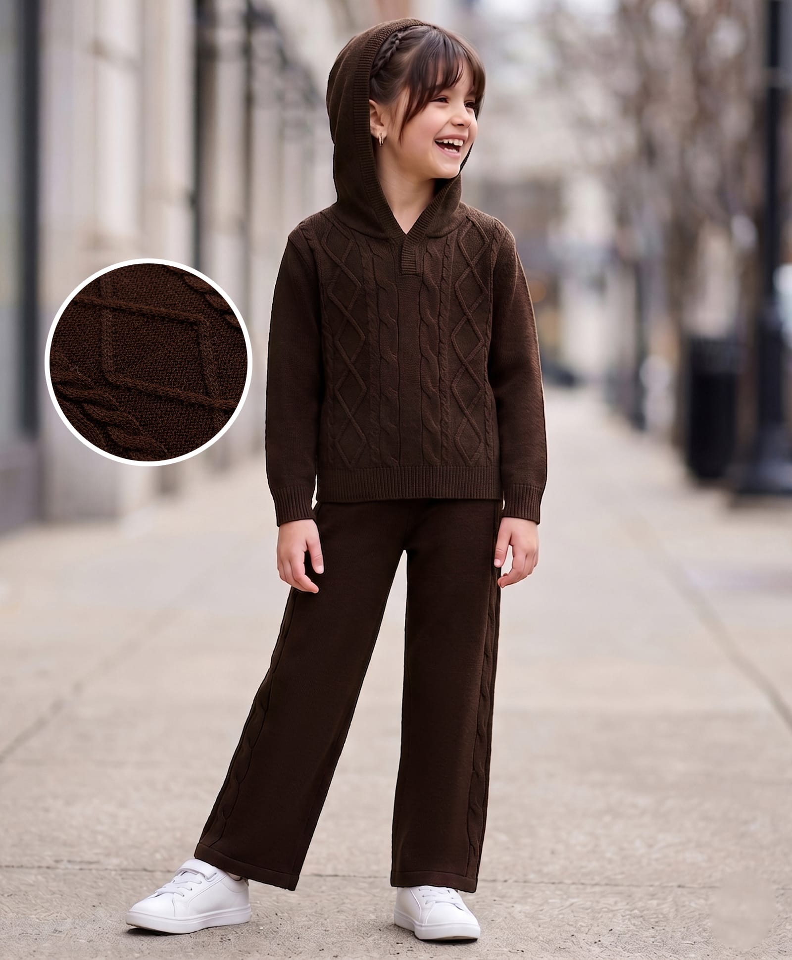 Pine Kids Knit Full Sleeves Hooded Solid Colour Sweater Set With Cable Knit Design- Brown-picture-23