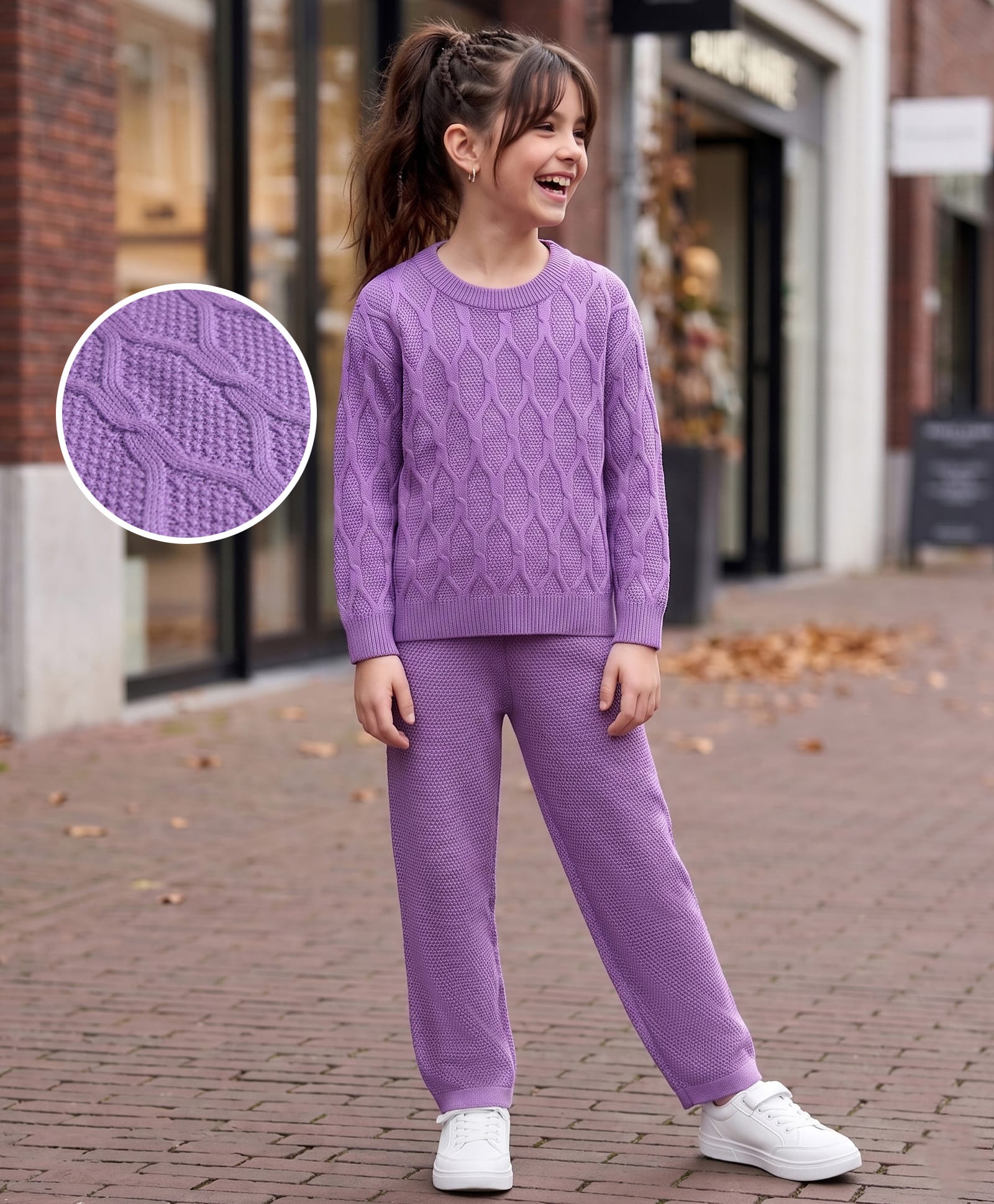 Pine Kids Knit Full Sleeves Cable Knit Designed Solid Colour Sweater Set - Purple-picture-28