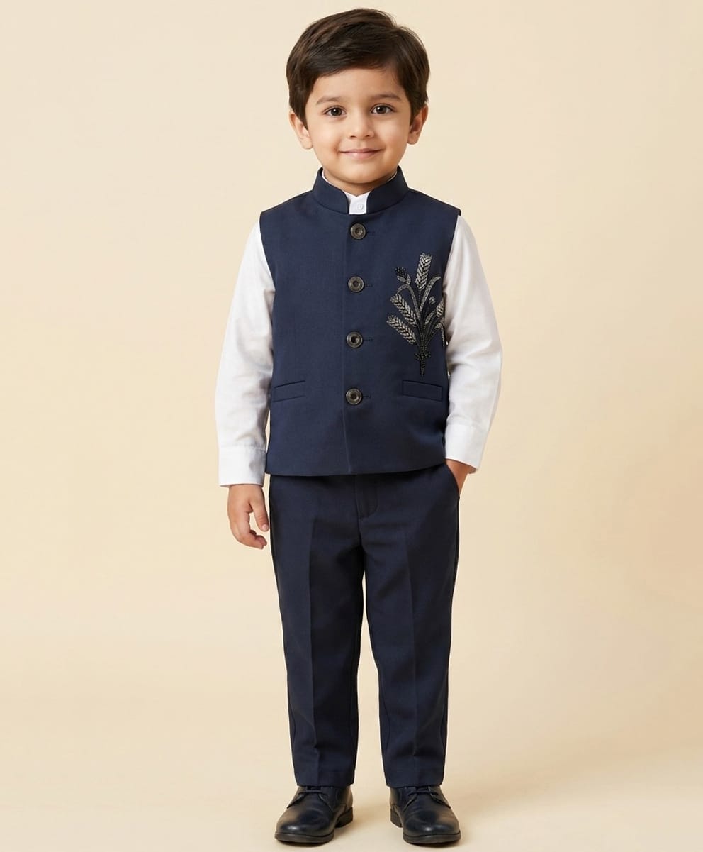 Rikidoos Cotton Woven Full Sleeves 3 Piece Party Suit With Floral Embellishment - Navy Blue & White-image-45