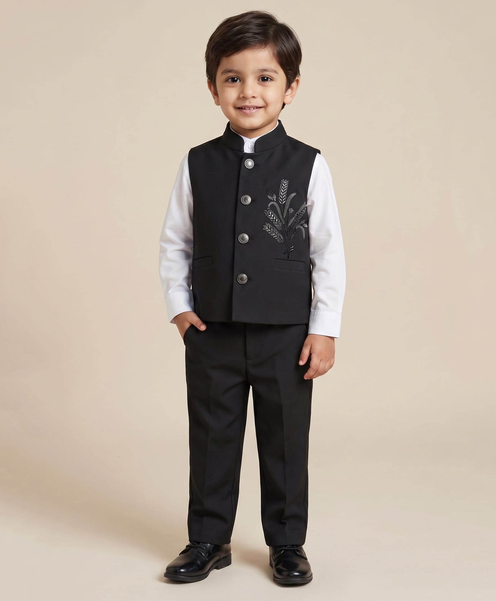 Rikidoos Cotton Woven Full Sleeves 3 Piece Party Suit With Floral Embellishment - Black & White-picture-42