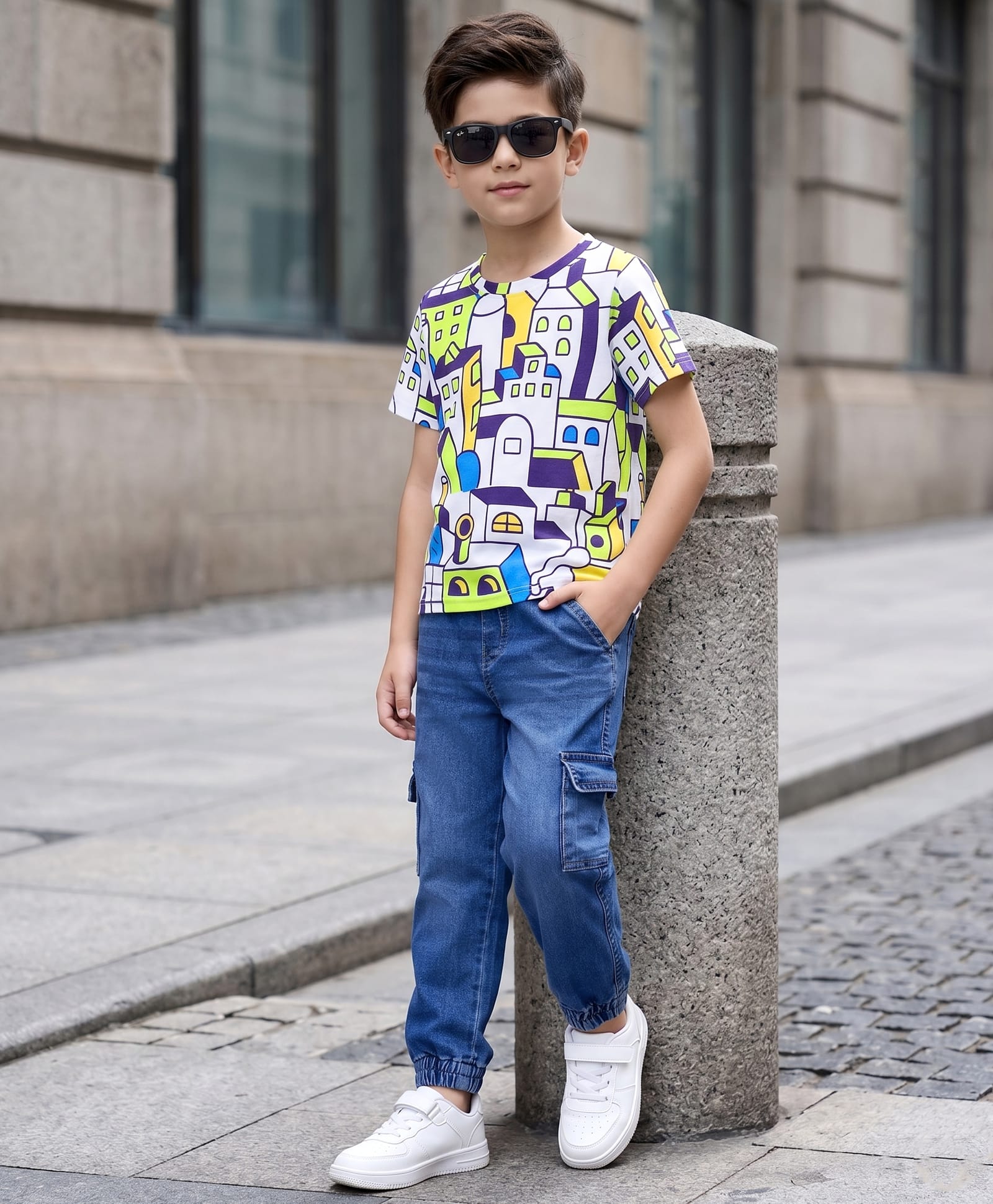 Ollington St. Sinker Knit Half Sleeves Printed T-Shirt & Denim Joggers - White & Blue-image-11