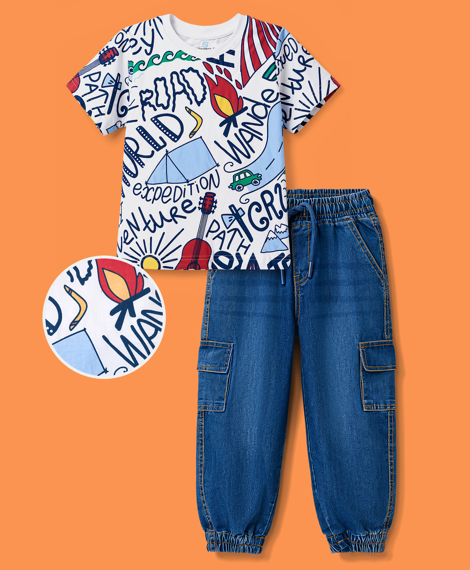 Ollington St. Cotton Knit Printed Half Sleeve T-Shirt & Denim Joggers Set - Multicolour & Indigo-image-31