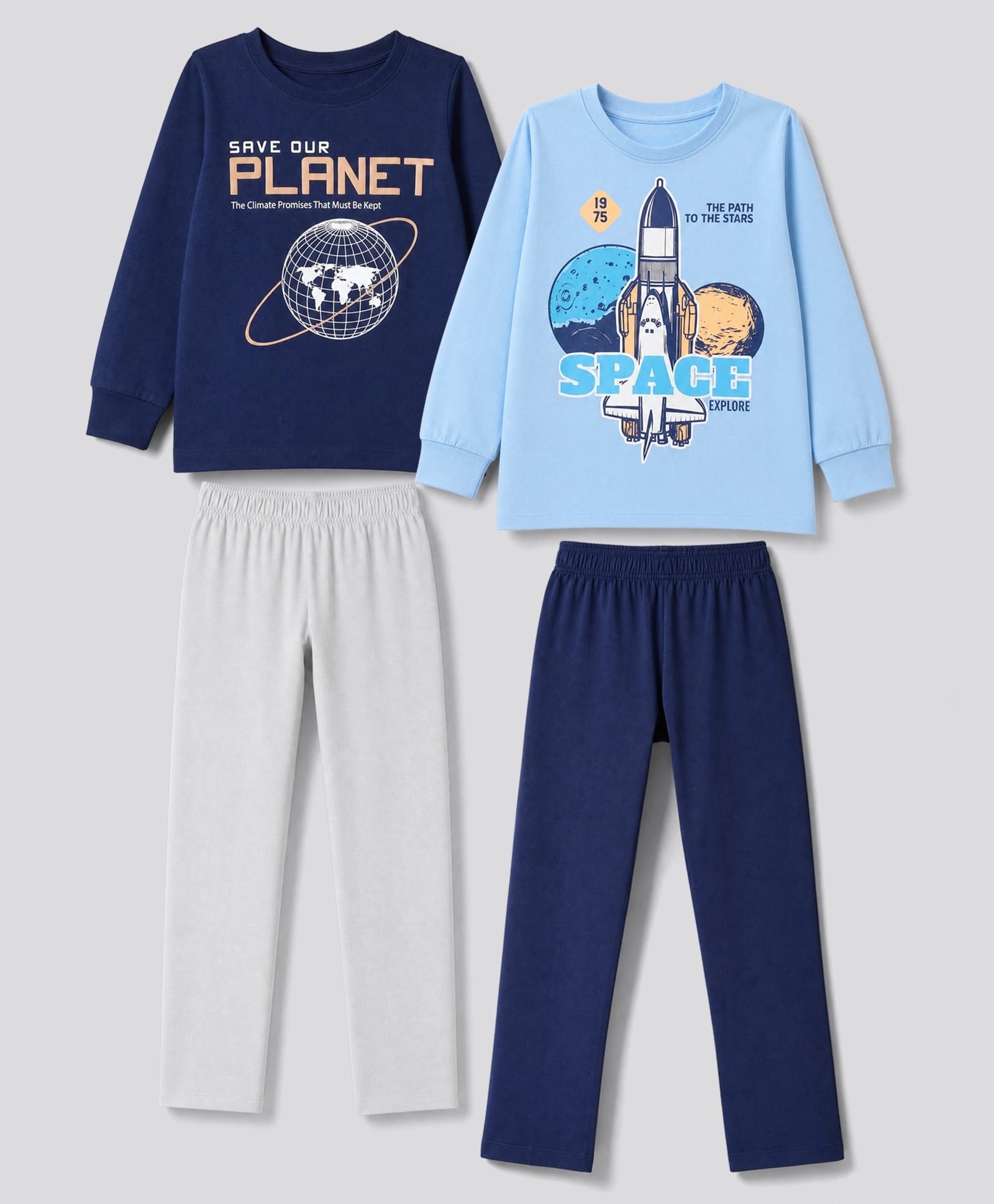 Primo Gino Cotton Knit Full Sleeves T-Shirt & Pyjama Night Suit with Space Theme Print Pack Of 2 - Blue & Navy Blue-image-38