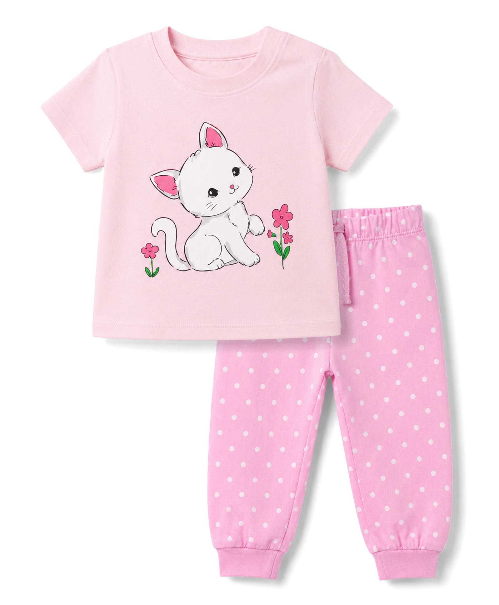 Babyhug Cotton Knit Half Sleeves T-Shirt & Pyjama Night Suit With Cat & Polka Dot Print - Pink-image-33