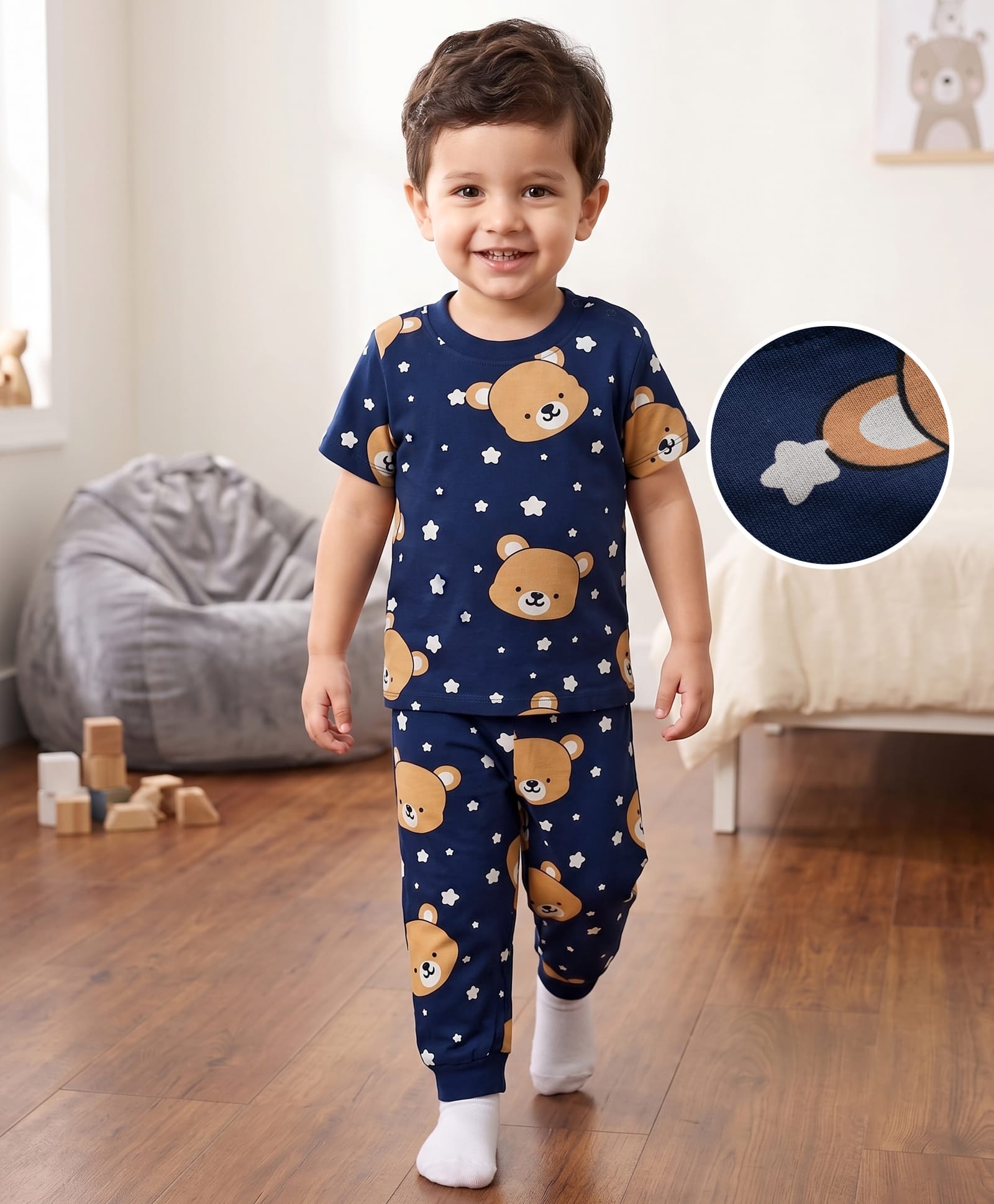Babyhug Cotton Knit Half Sleeves Co-Ords T-Shirt & Pajama Night Suit with Bear Print -Navy-picture-6