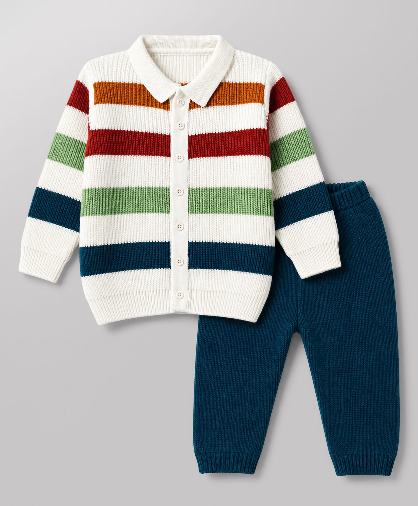 Babyhug Knit Full Sleeves Striped Sweater Set - White-picture-21