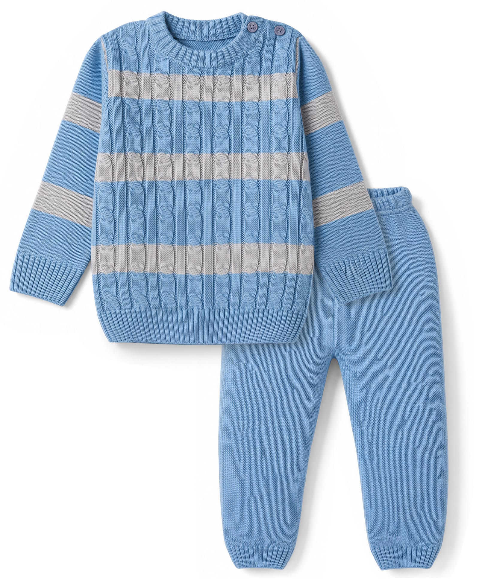 Babyhug Knit Full Sleeves Striped Sweater Set - Sky Blue-picture-18