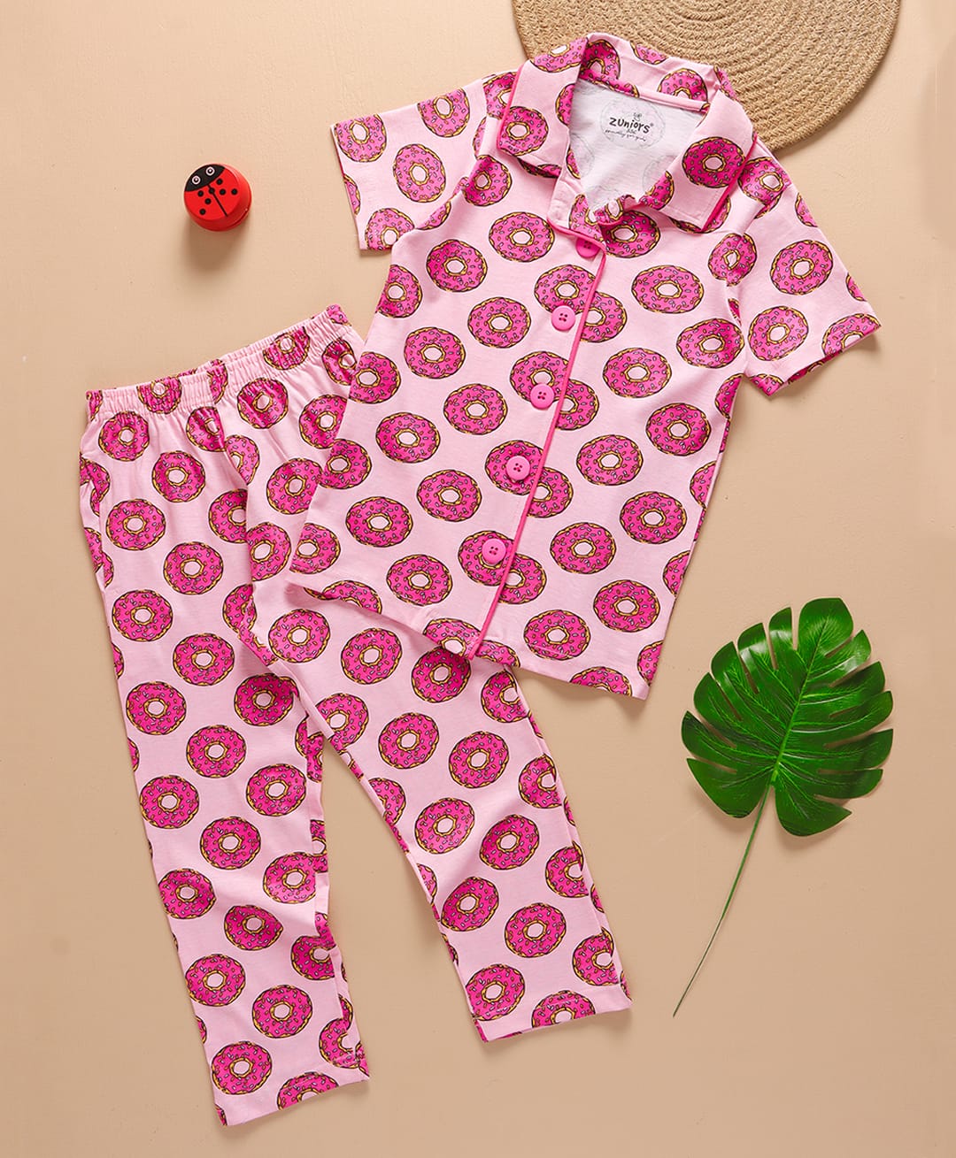 zuniors SSC Cotton Knit Half Sleeves Donut Printed Coordinating Shirt & Pajama Night Suit - Pink-image-24
