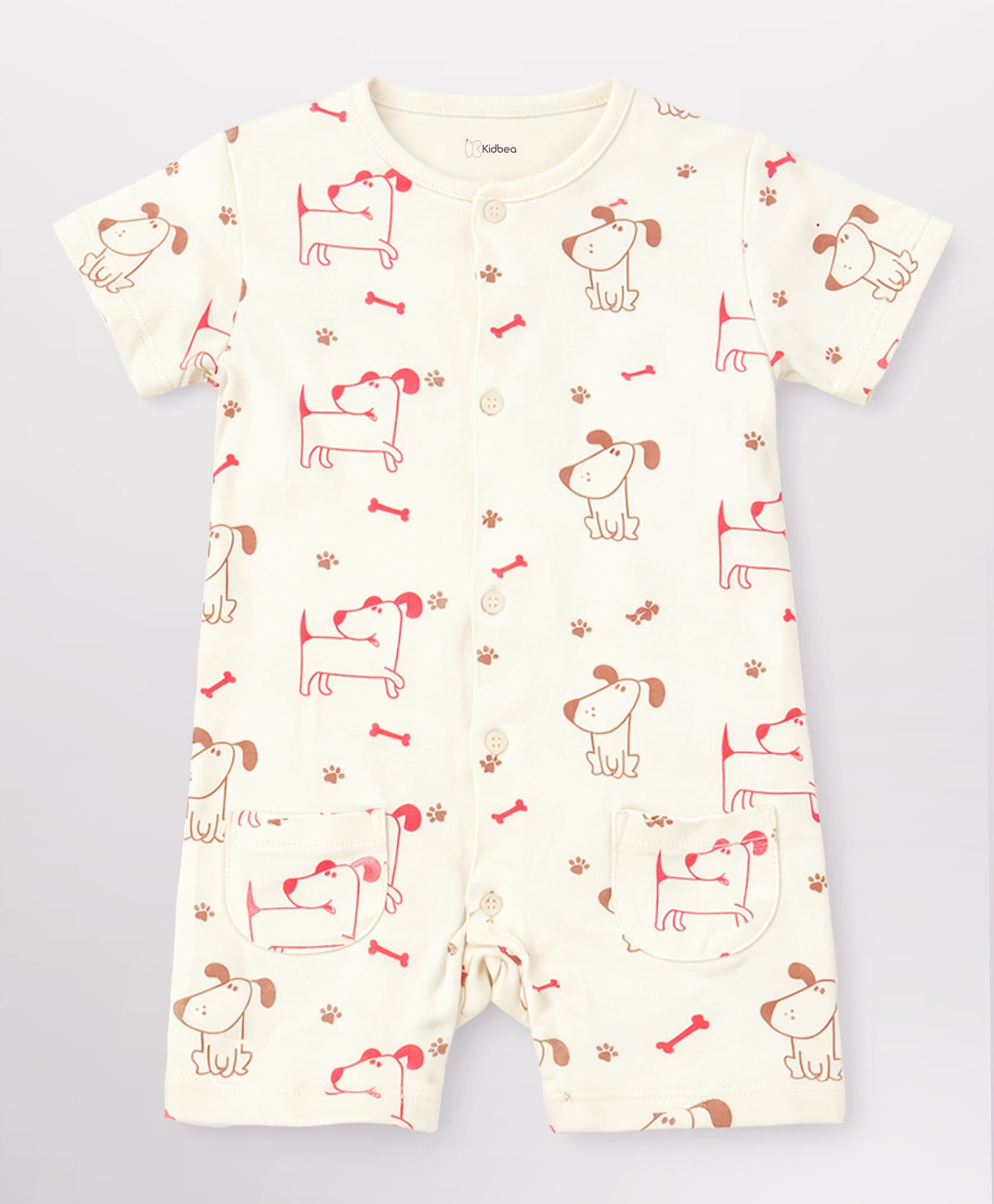 Kidbea Cotton Woven Half Sleeves Puppies Printed Romper - White-image-7