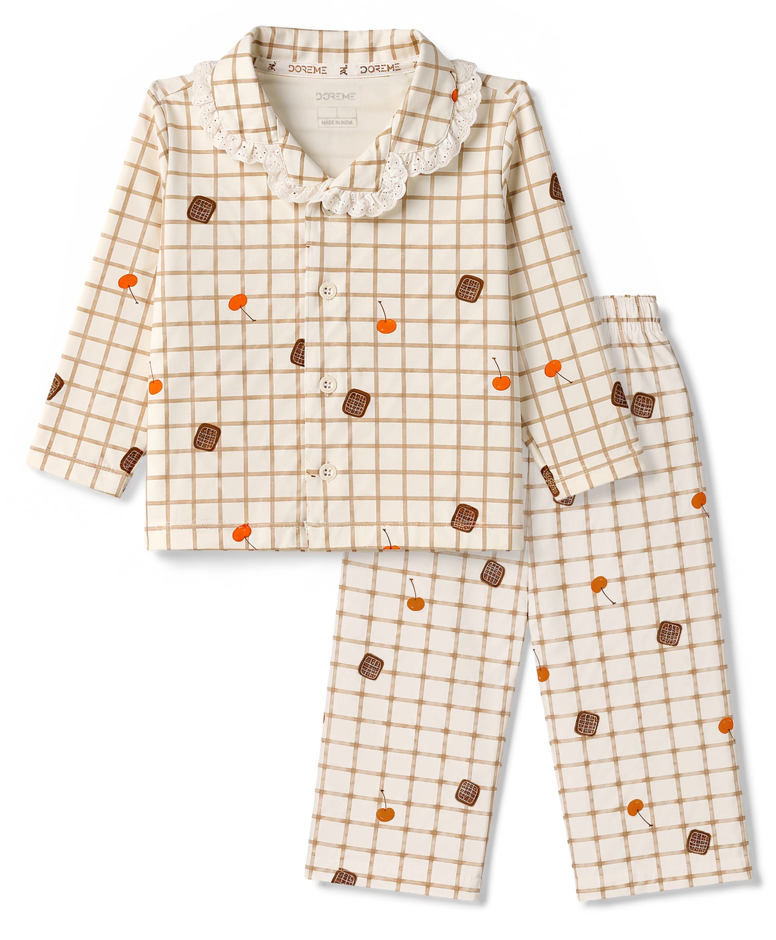 Doreme Single Jersey Knit Full Sleeves Shirt & Pyjama Checks Co-Ord Night Suit With Fruit Print - Beige-image-45