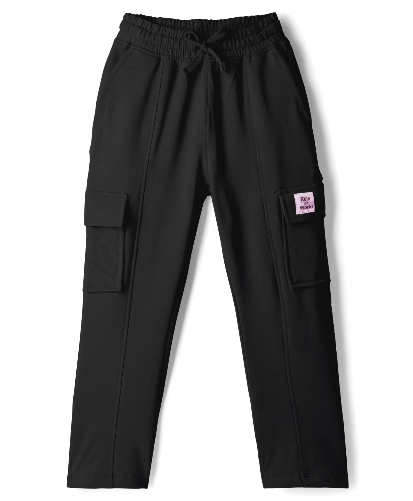 Doreme Single Jersey Knit Full Length Cut N Sew Lounge Pant With Patch & Cargo Pockets - Black-image-4