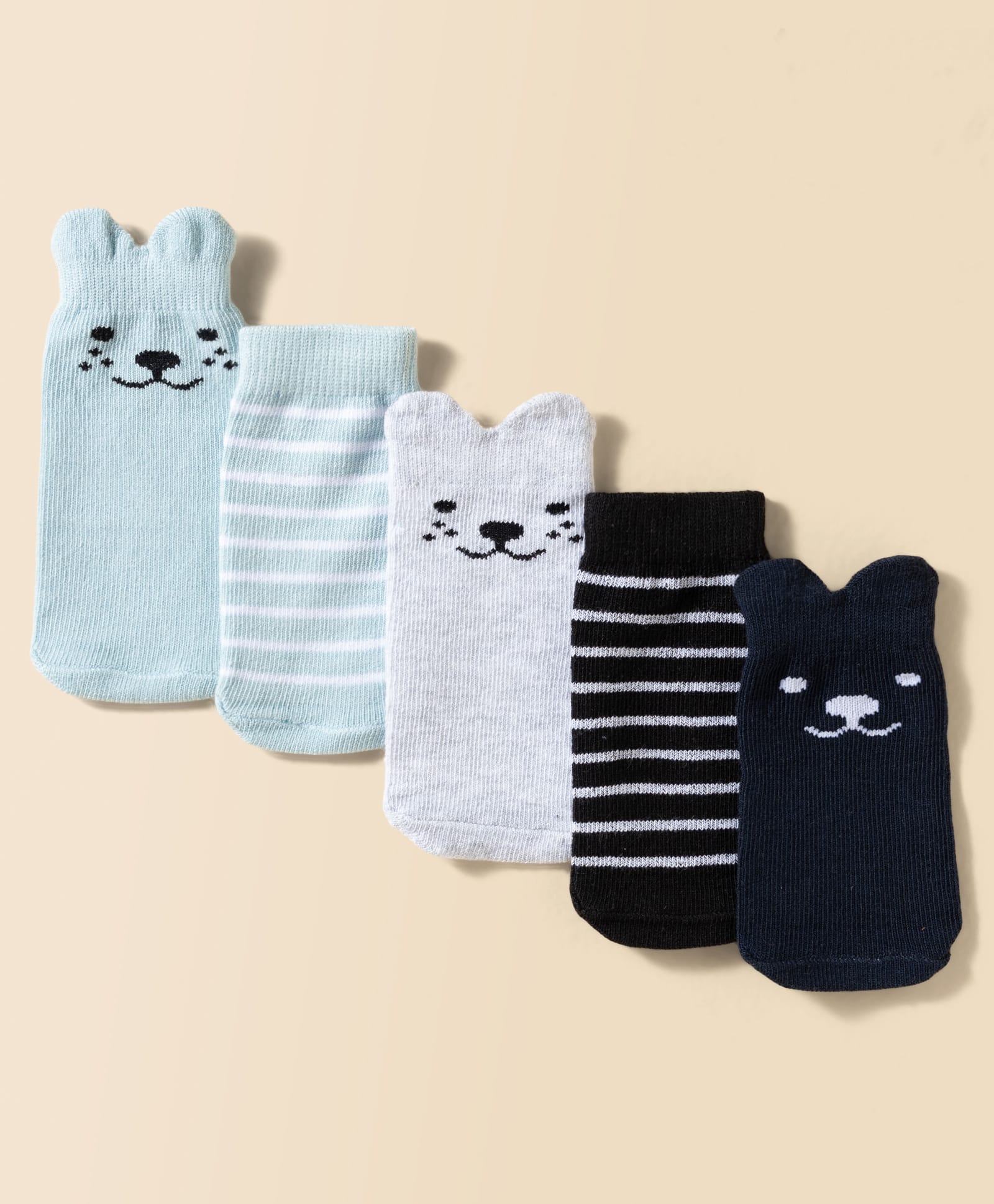 Doodle Poodle Cotton Knit Ankle Length Bear Design Striped Socks Pack of 5 - Blue & Grey