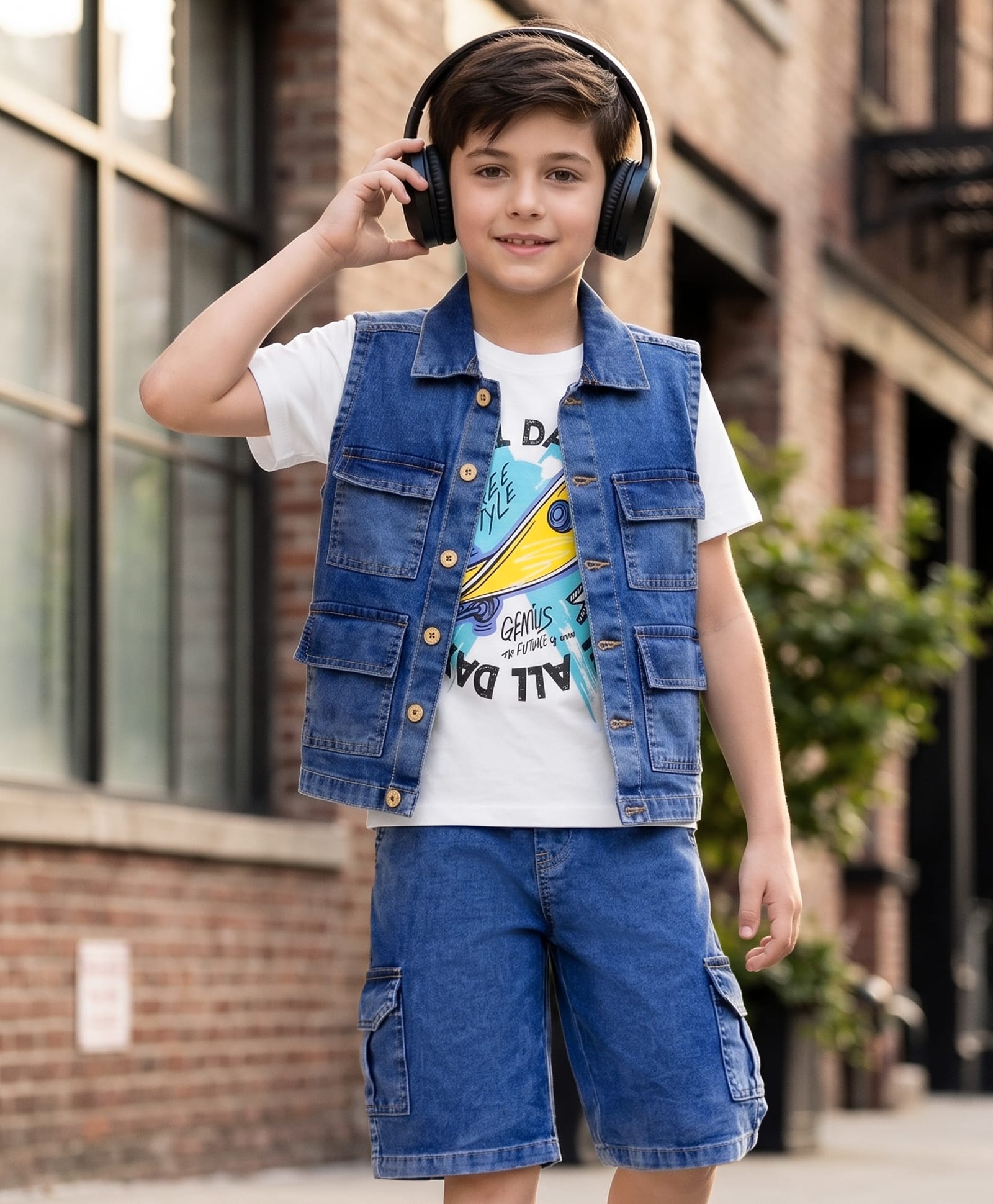 OLLINGTON ST. Cotton Denim Knit Sleeveless Vest With Inner Tee & Shorts - White & Blue-image-45