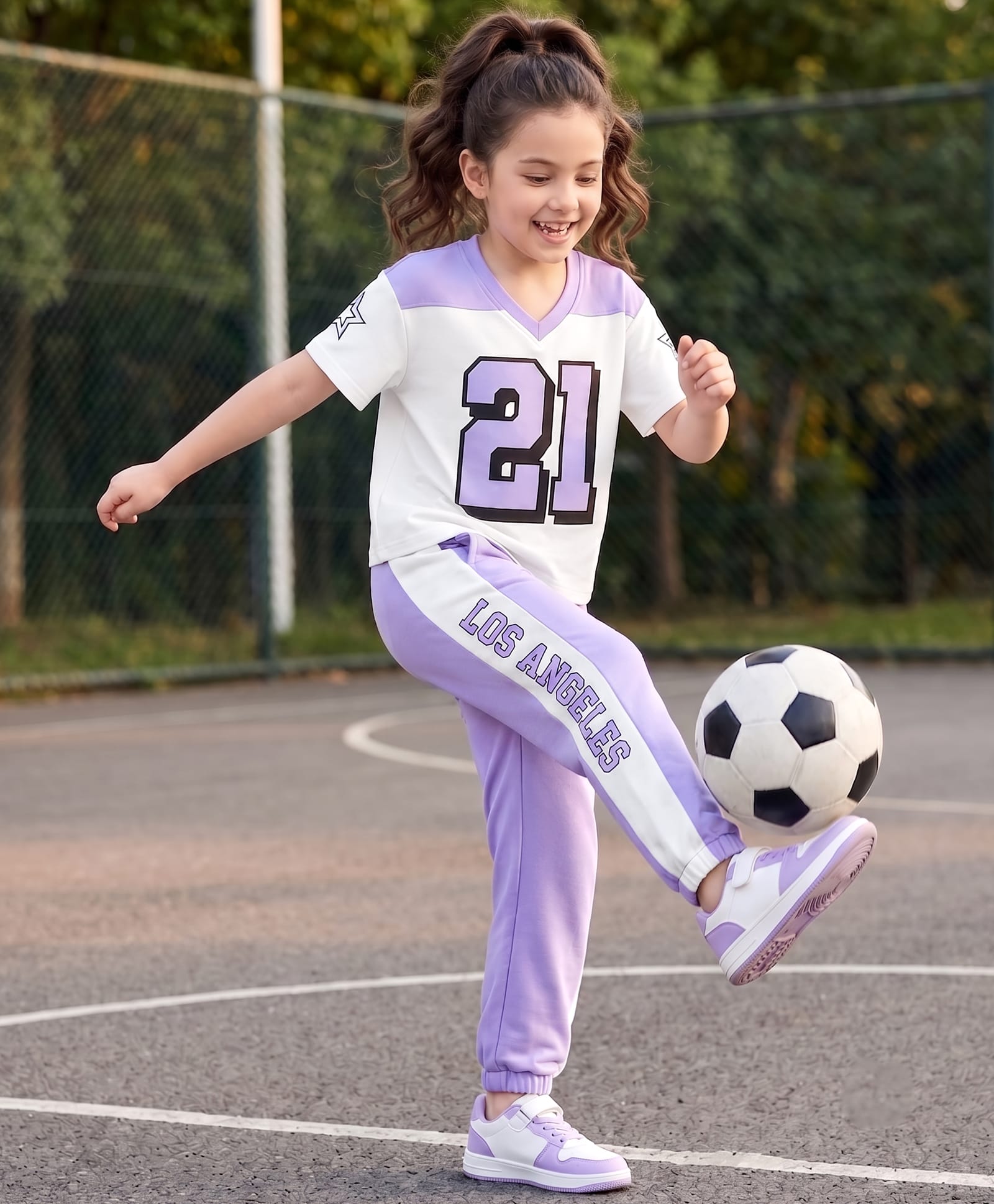 OLLINGTON ST. Cotton Knit Half Sleeve Top With Number Print & Joggers Set- White & Lavender-image-17