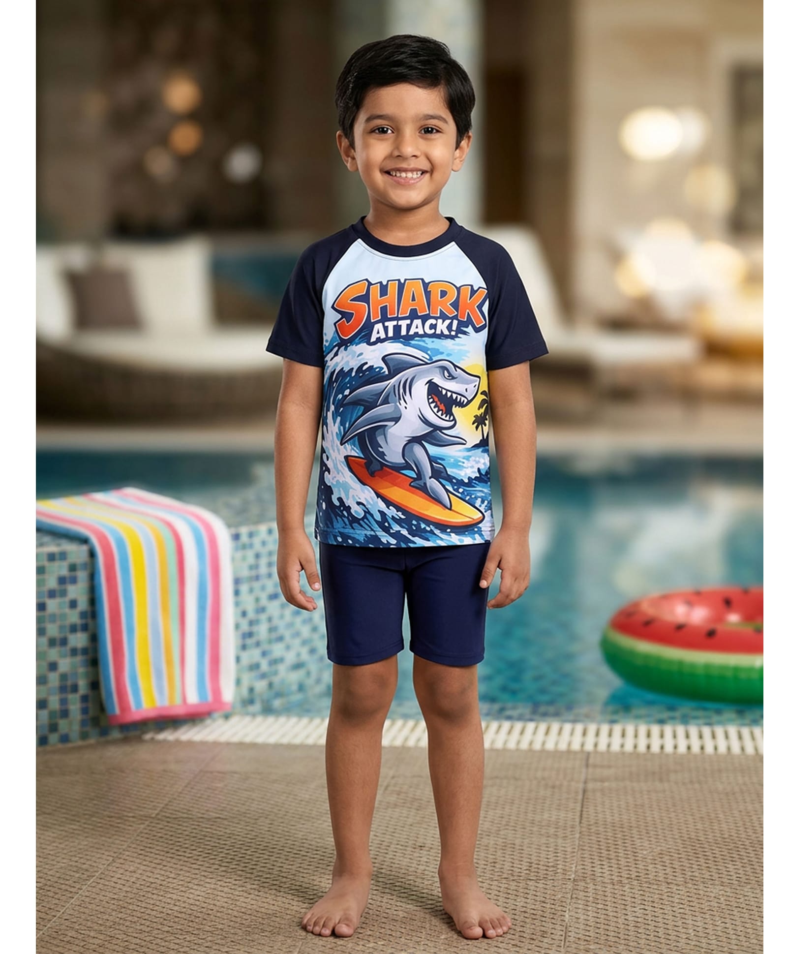 Kaboosh Half Raglan Sleeves Surfing Shark Printed Two Piece Swimsuit - Light & Navy Blue-picture-24