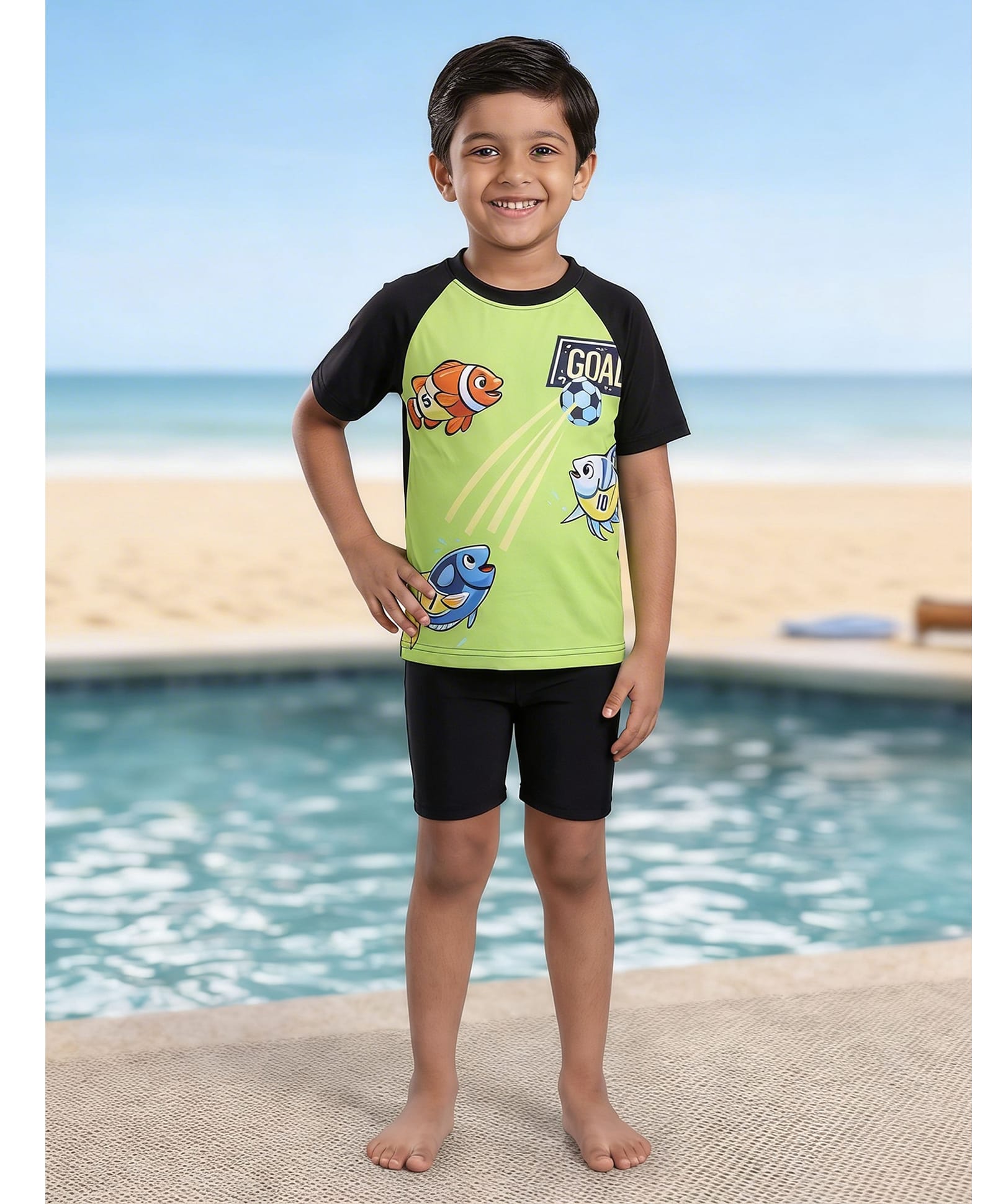 Kaboosh Half Raglan Sleeves Footballer Fishes Printed Two Piece Swimsuit - Neon Green & Black-image-22