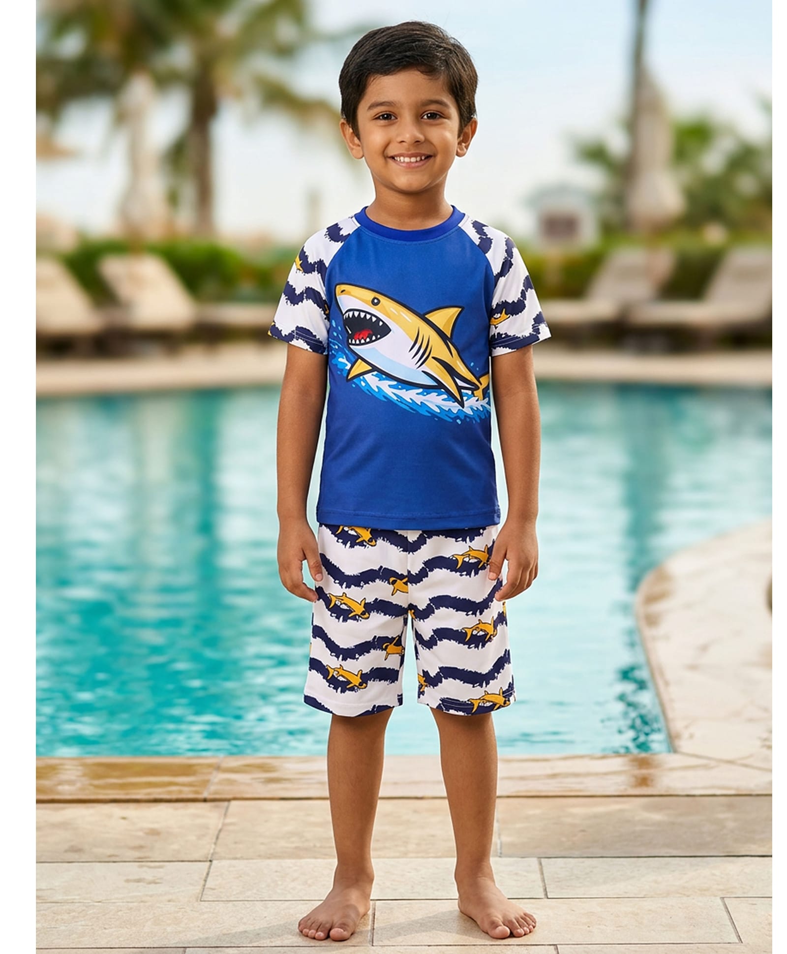 Kaboosh Half Raglan Sleeves Footballer Fishes Printed Two Piece Swimsuit - Royal Blue White & Navy Blue-picture-9