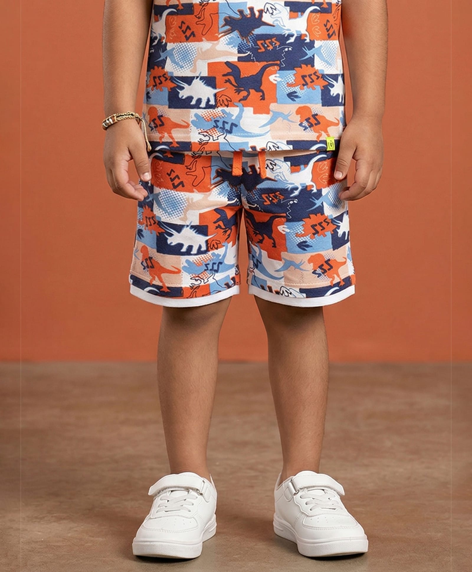 Kiddopanti Cotton Knit Dinosaur Printed Shorts - Neon Orange-picture-12