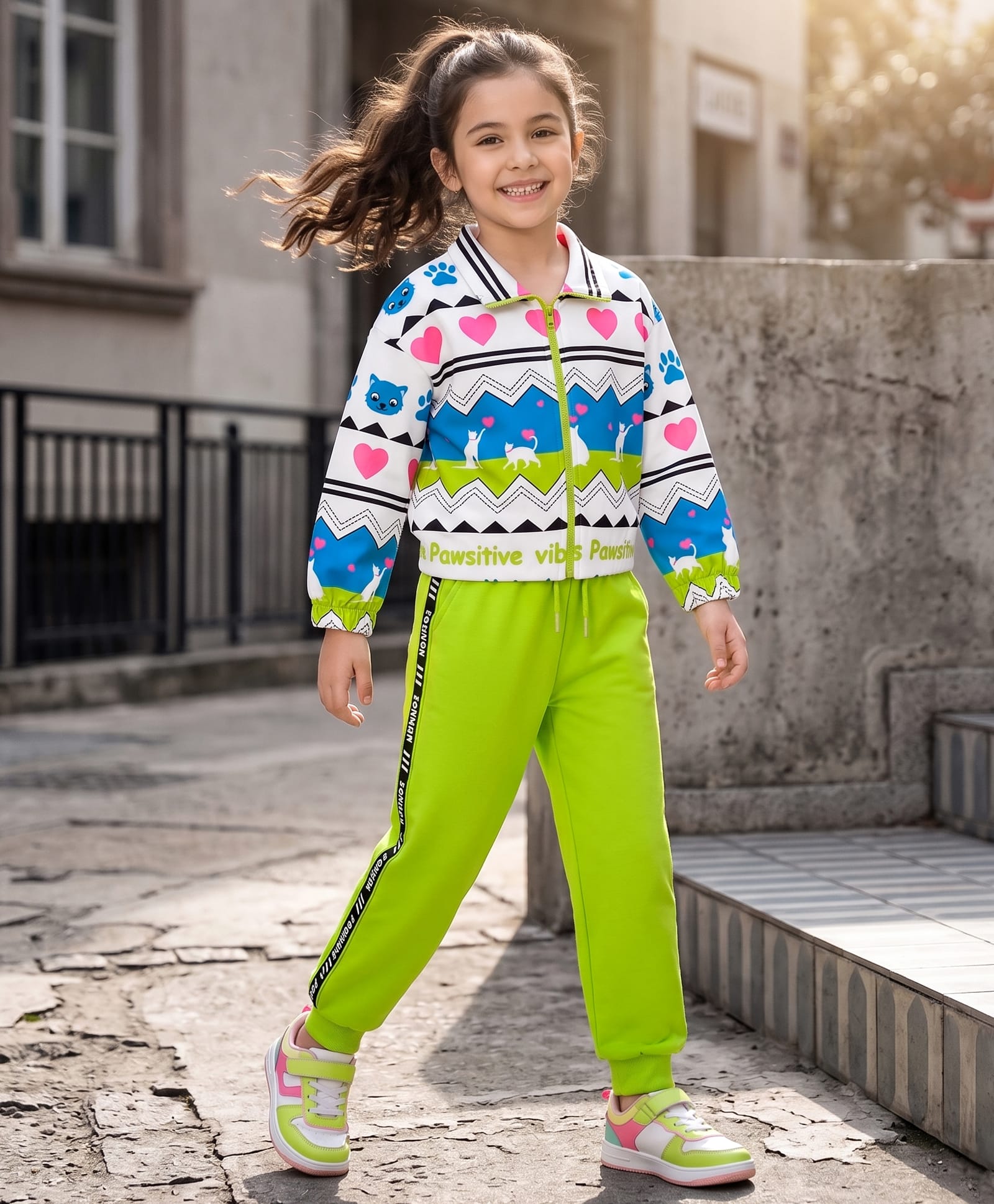 OLLINGTON ST. Looper Knit Full Sleeves Sweatshirt & Joggers Winter Wear Set with Hearts & Kitten Print - White & Neon Green-image-41