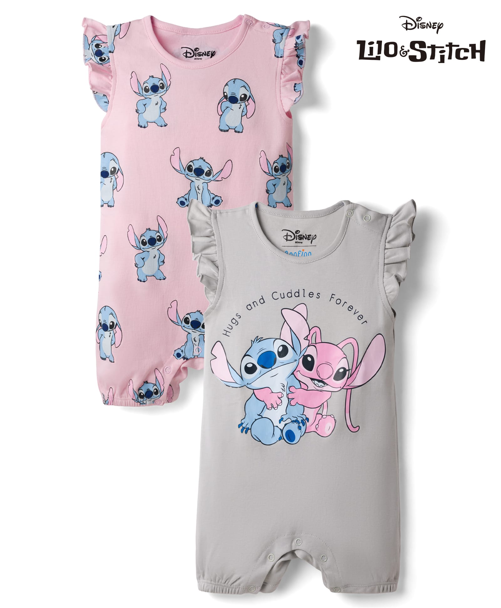 Bonfino Disney Interlock Knit Half Sleeves Rompers With Stitch and Angel Graphic Pack of 2 - Pink & Grey-image-33