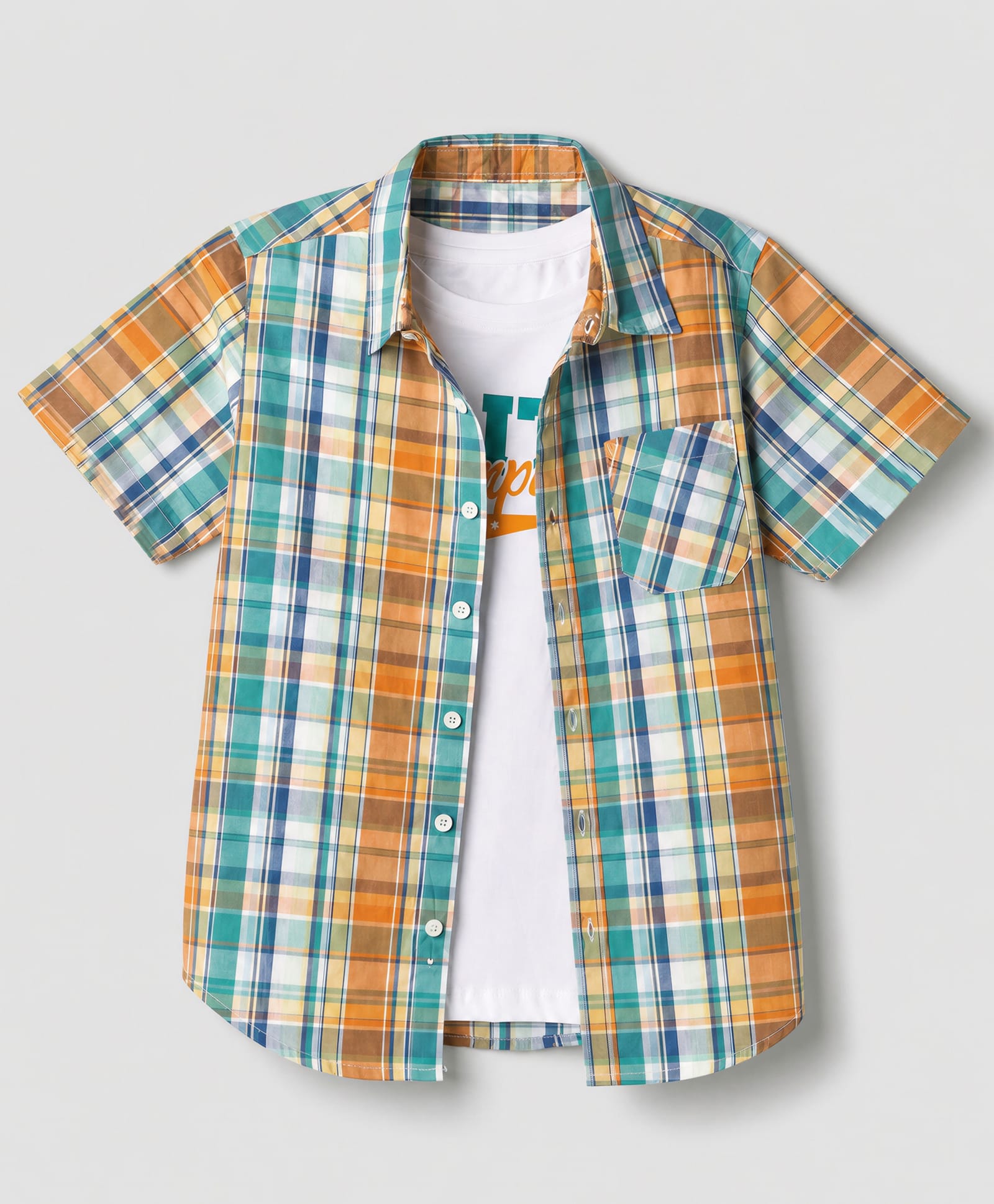 Pine Kids Cotton Woven Checks Shirt and Text Print T-Shirt with Half Sleeves -Green-image-20