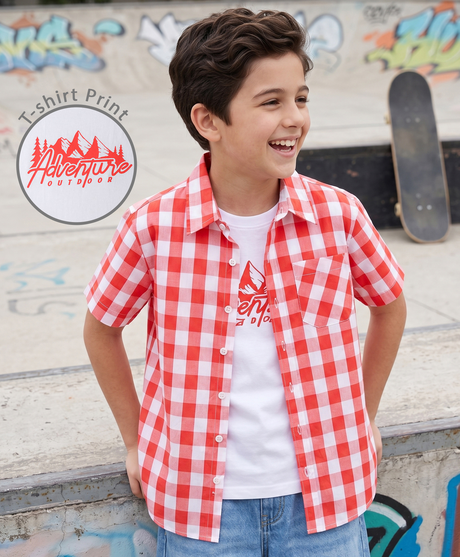Pine Kids Cotton Woven Half Sleeves Checks Shirt & T-Shirt - Red-image-40