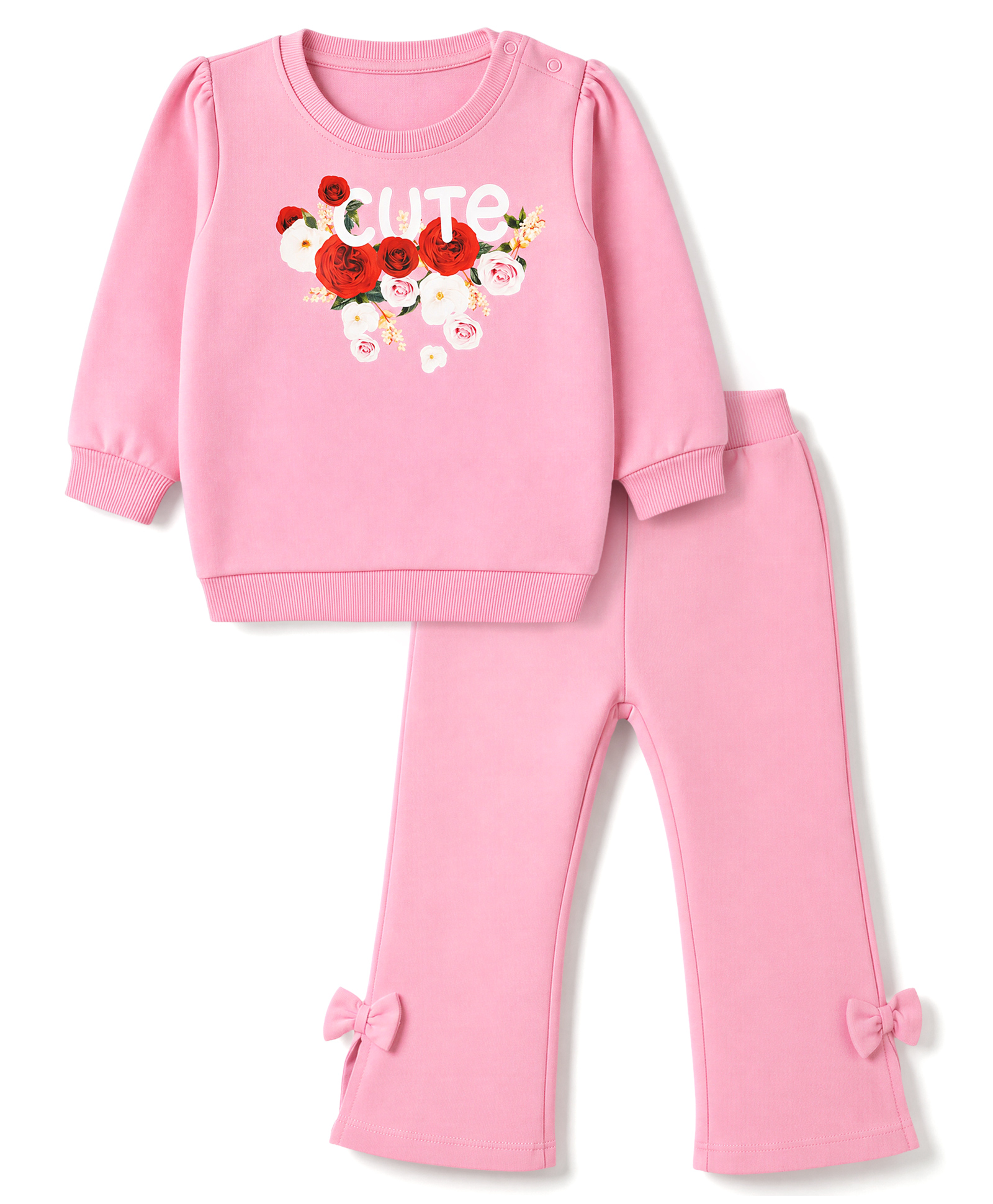 Babyoye 100% Cotton Knit Floral & Text Print Full Sleeves Winter Wear Sweatshirt & Pants Set - Pink-picture-4