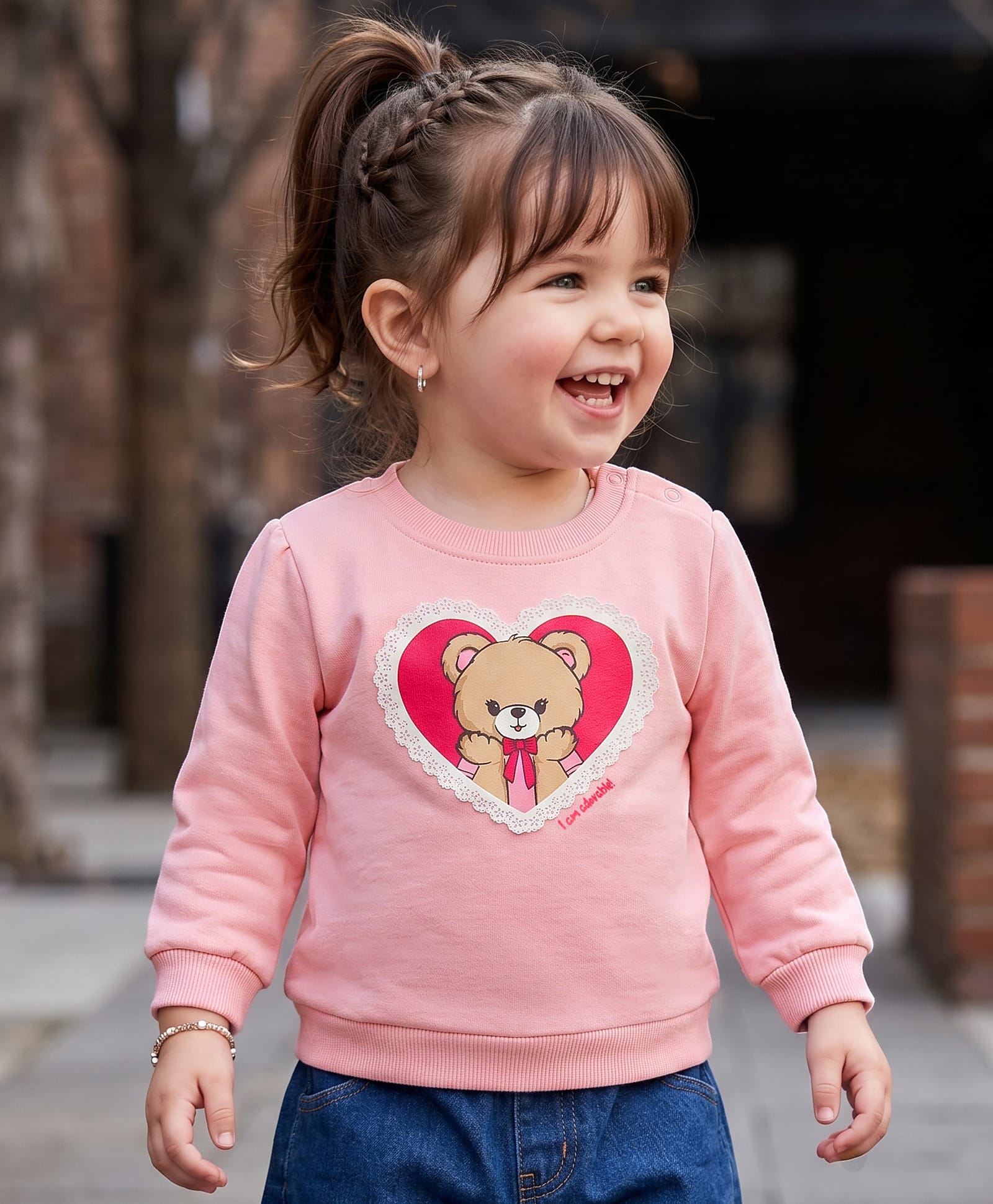 Babyoye Cotton Knit Full Sleeves Bear & Heart Printed Sweatshirt & Lace Detailing - Pink-image-47