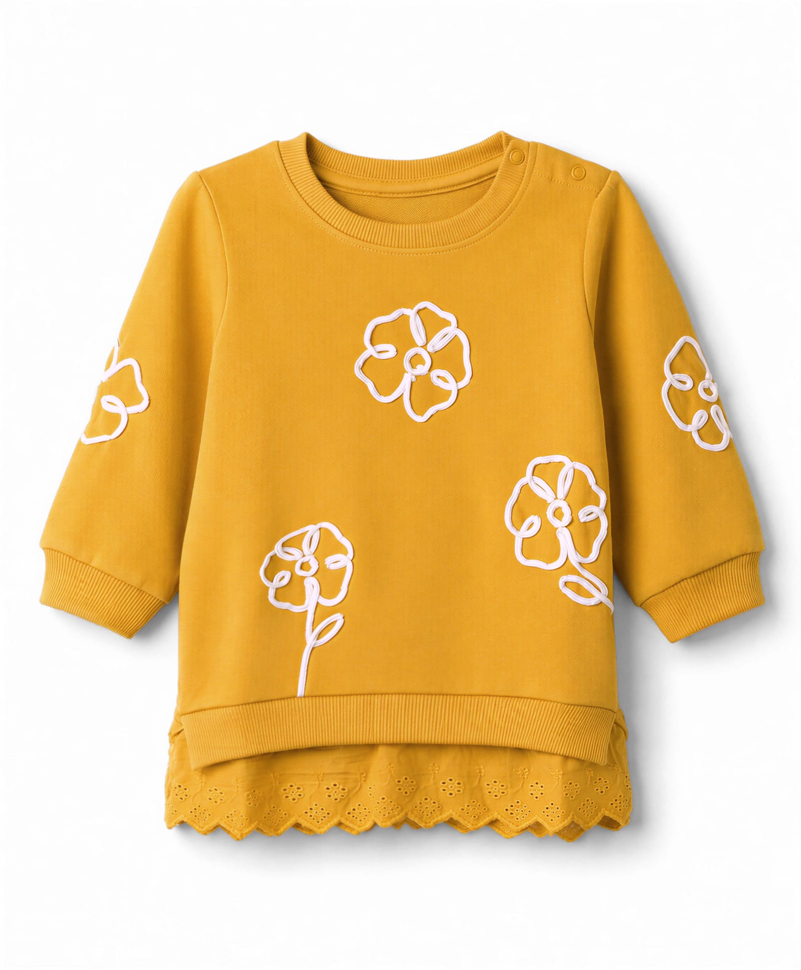 Babyoye 100% Cotton Knit Sweatshirt with Full Sleeves and Floral Applique - Mustard-image-3