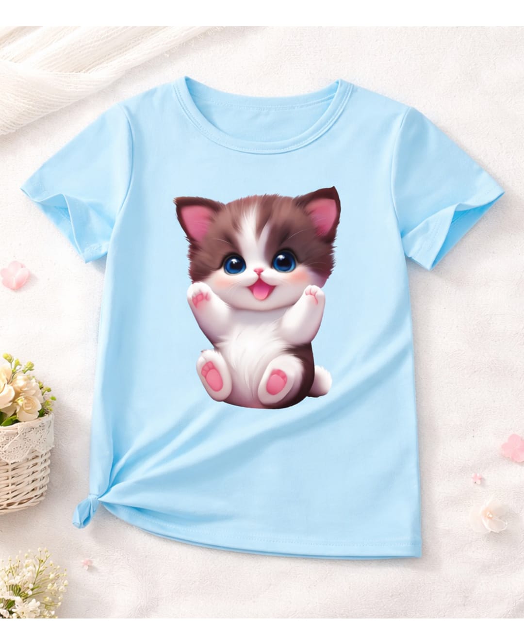 Luke and Lilly Cotton Blend Knit Half Sleeves Cat Printed Tee - Sky Blue-image-26